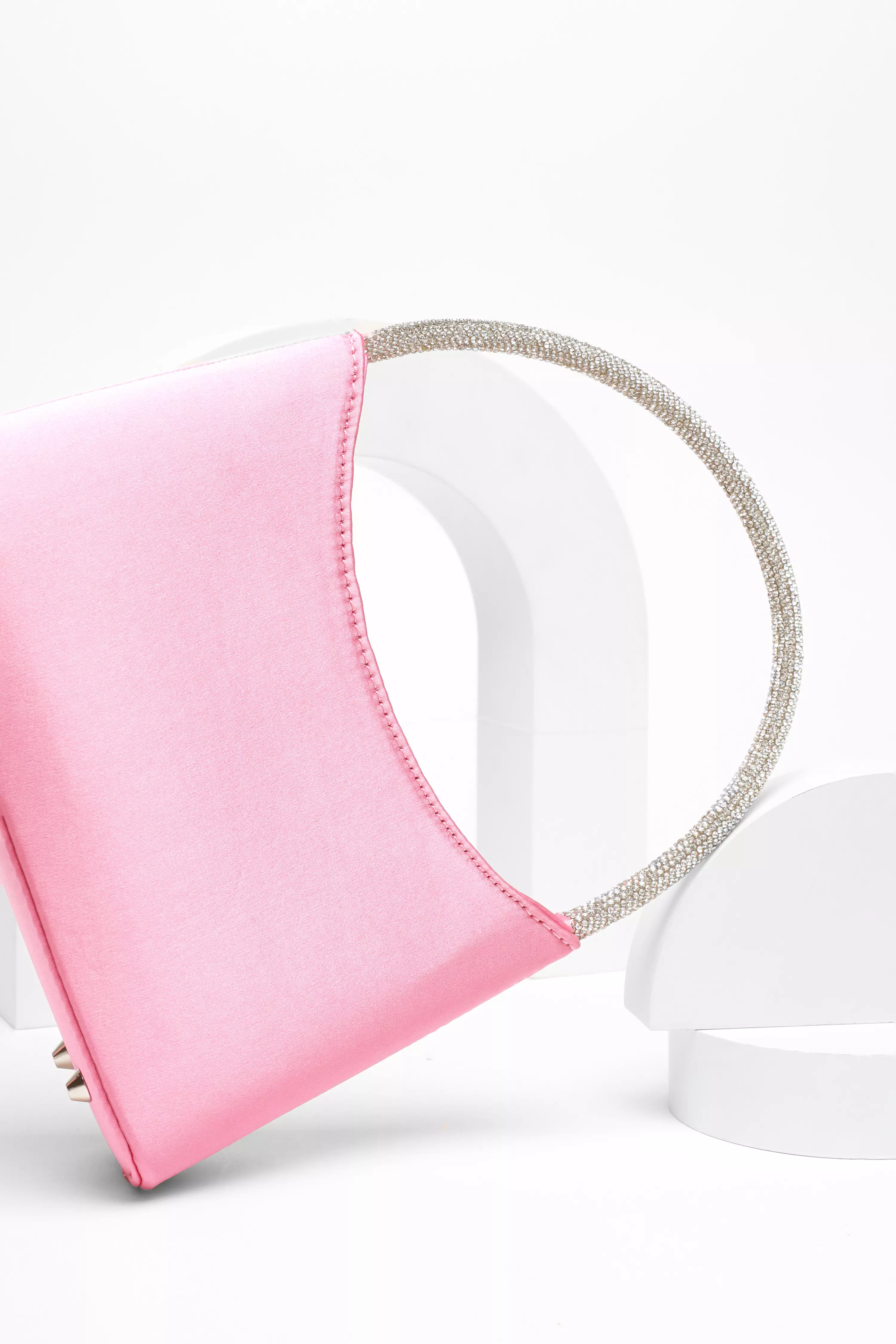 Pink Satin Diamante Handle Bag