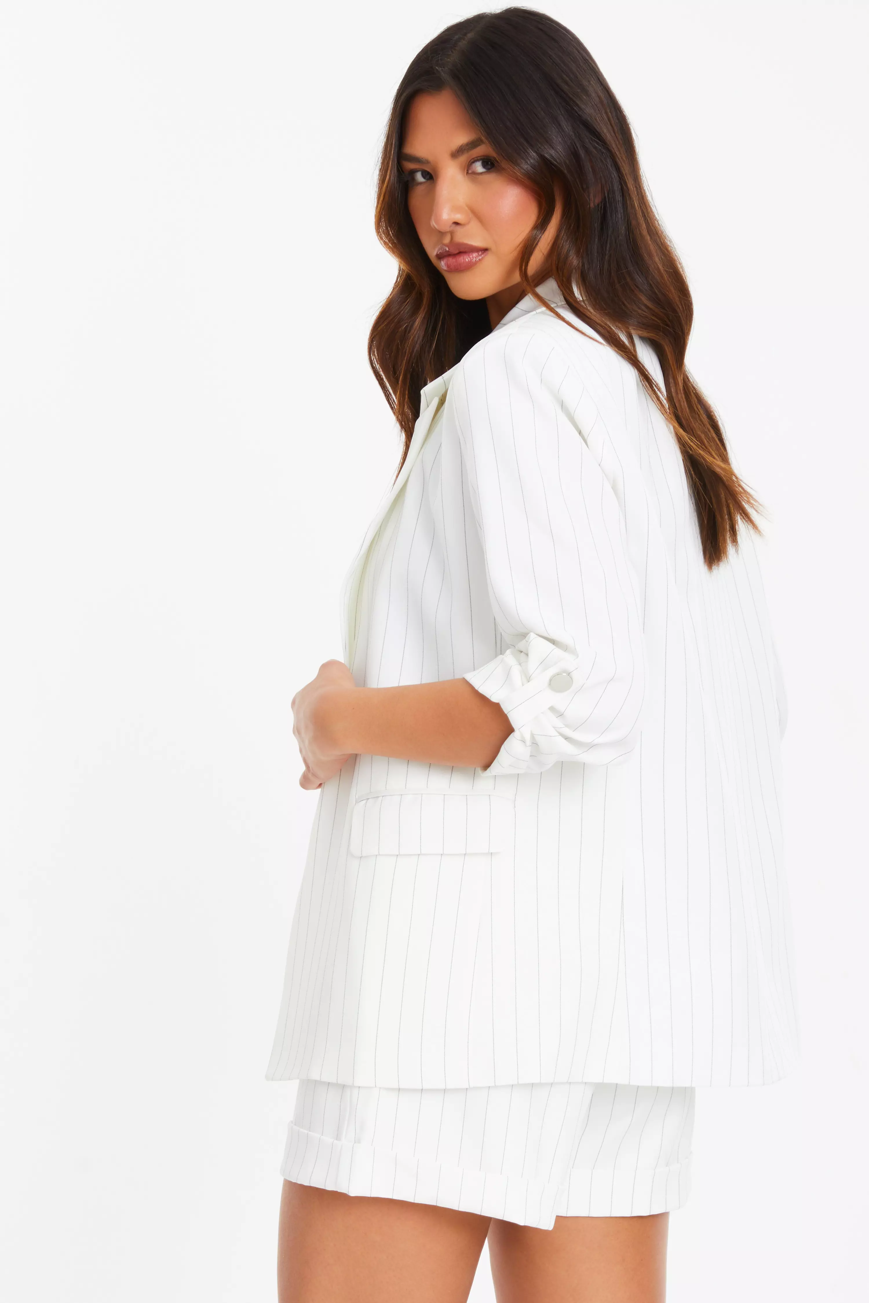 White Pinstripe Ruched Sleeve Blazer