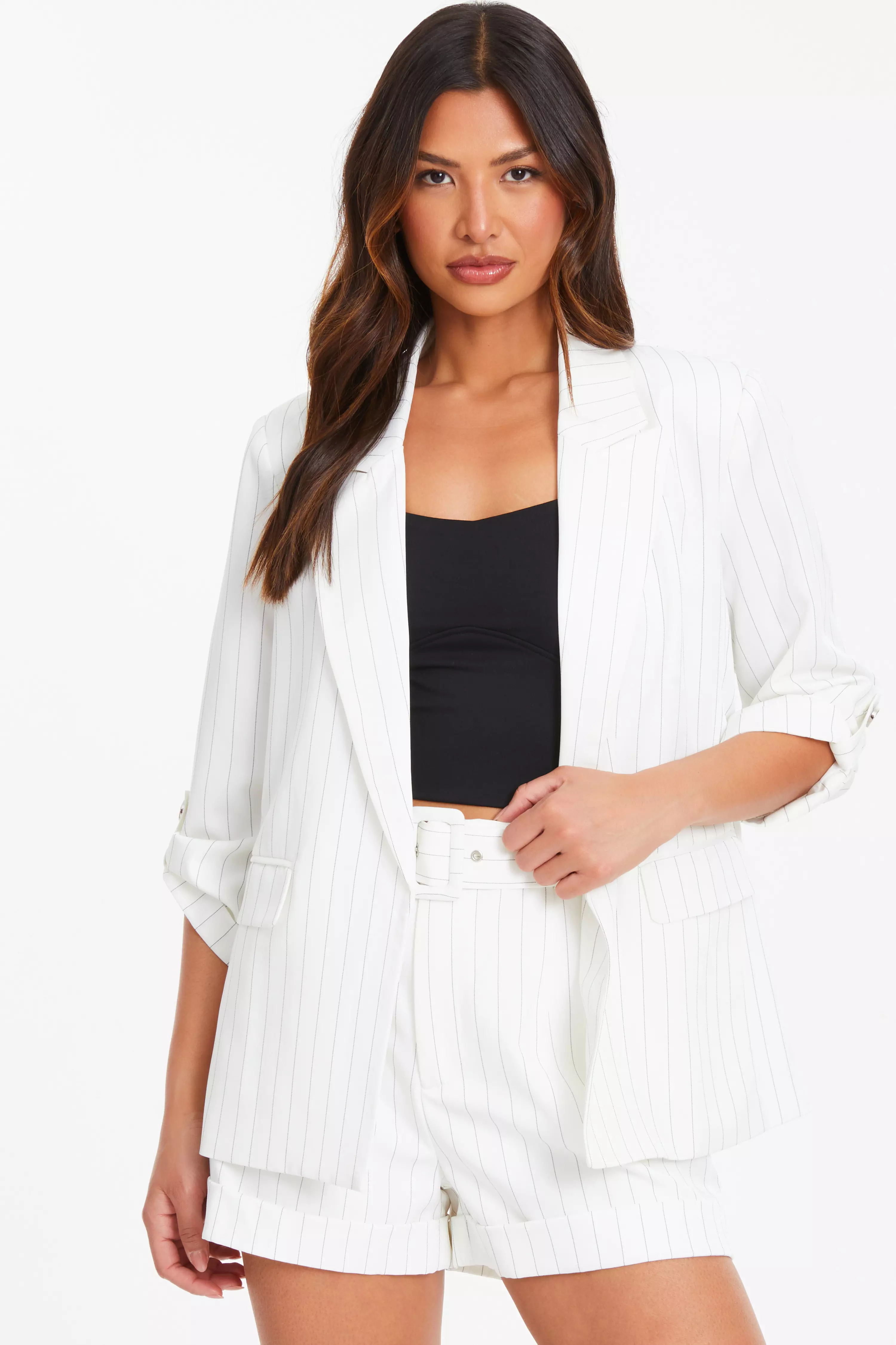 White Pinstripe Ruched Sleeve Blazer