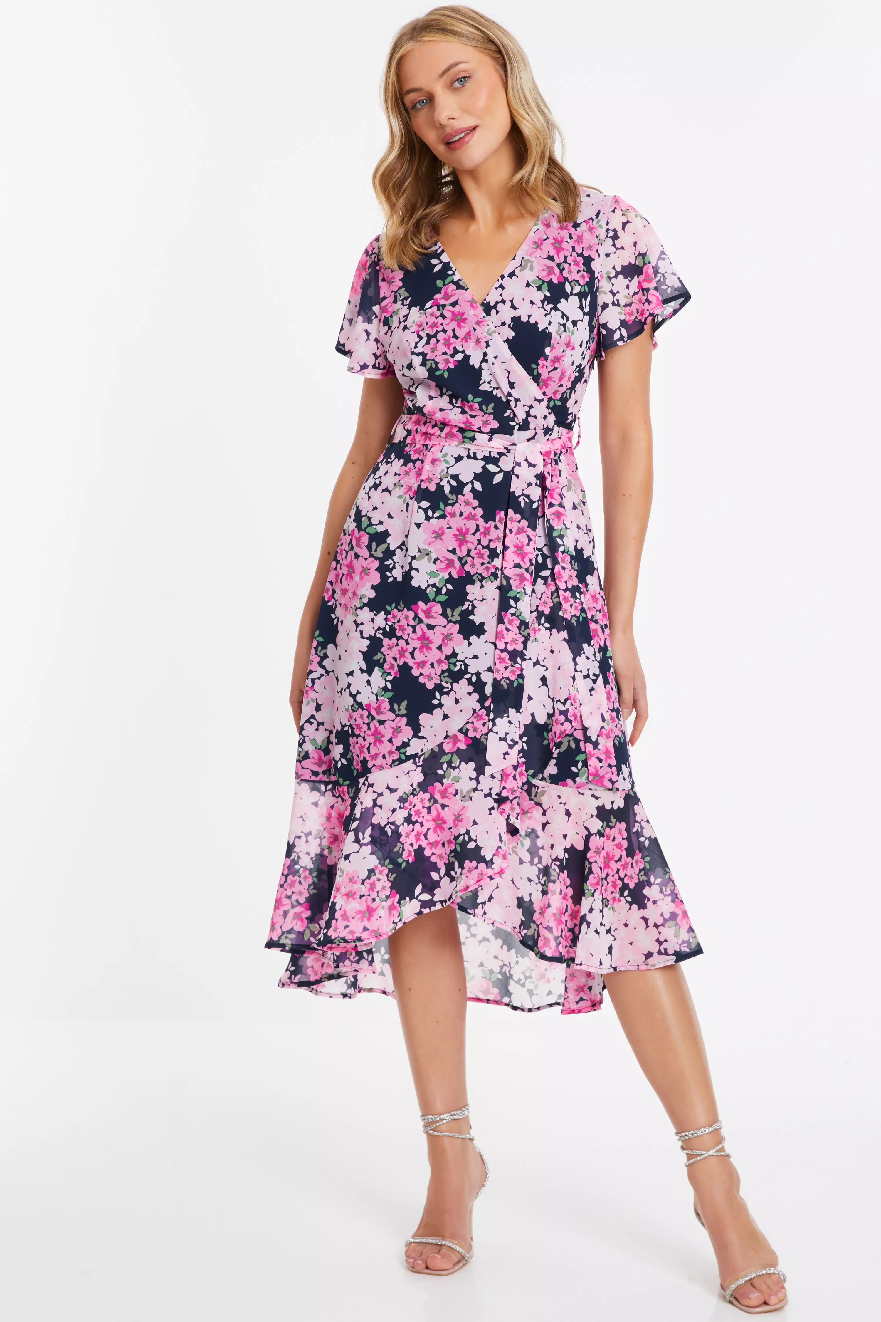 Navy Floral Dip Hem Midi Dress