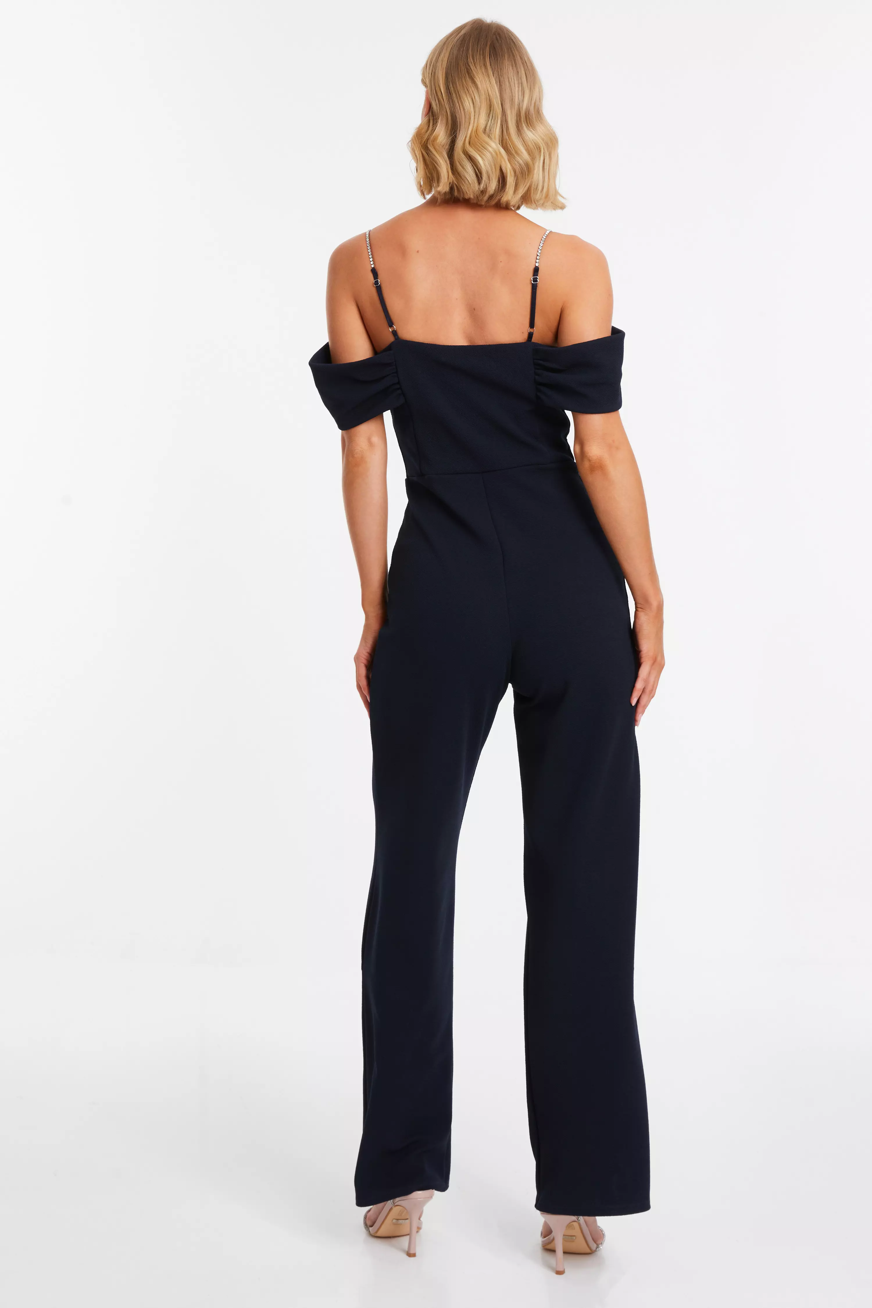 Navy Cowl Neck Bardot Palazzo Jumpsuit