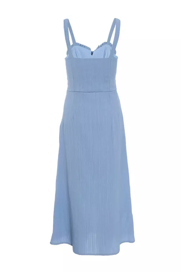 Blue Textured Frill Midi Dress