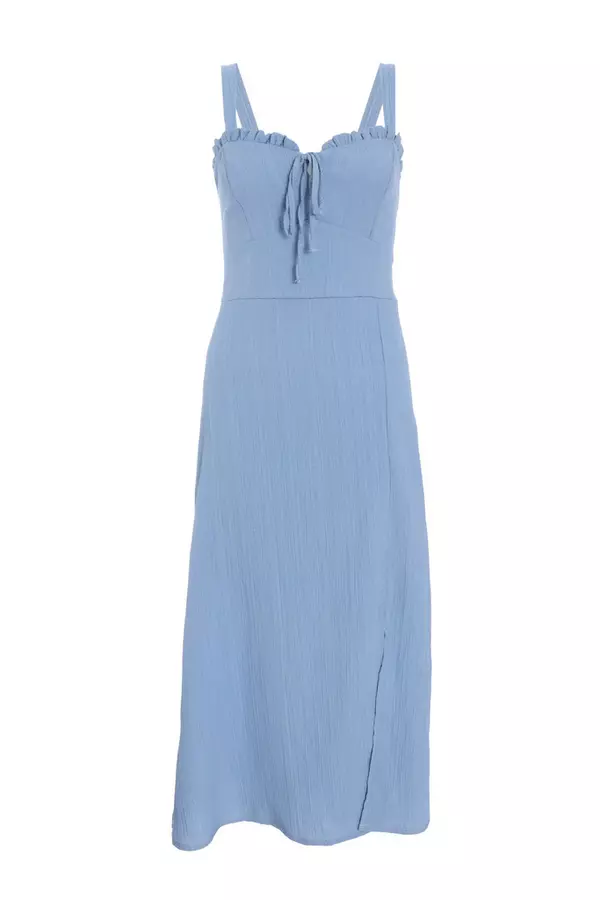 Blue Textured Frill Midi Dress