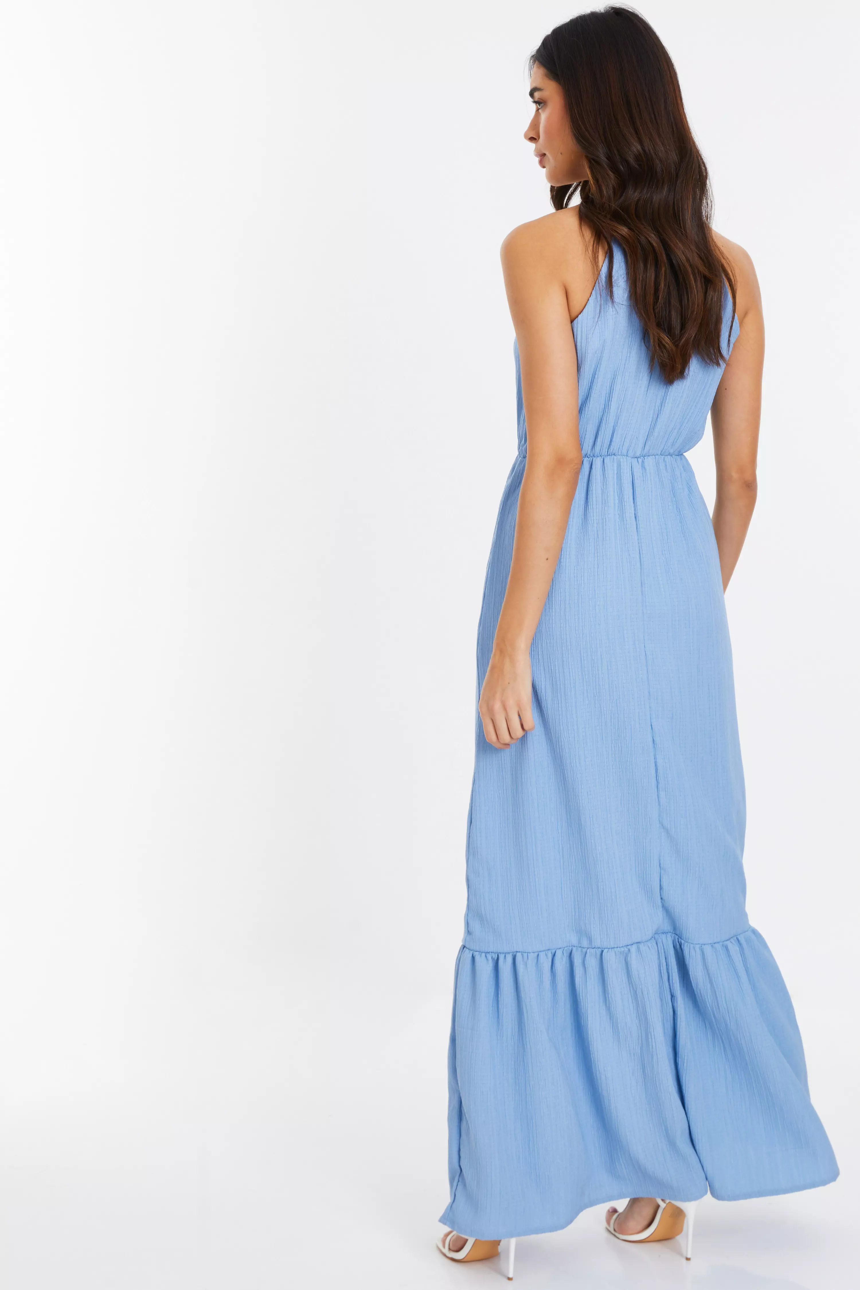 Blue Textured High Neck Maxi Dress