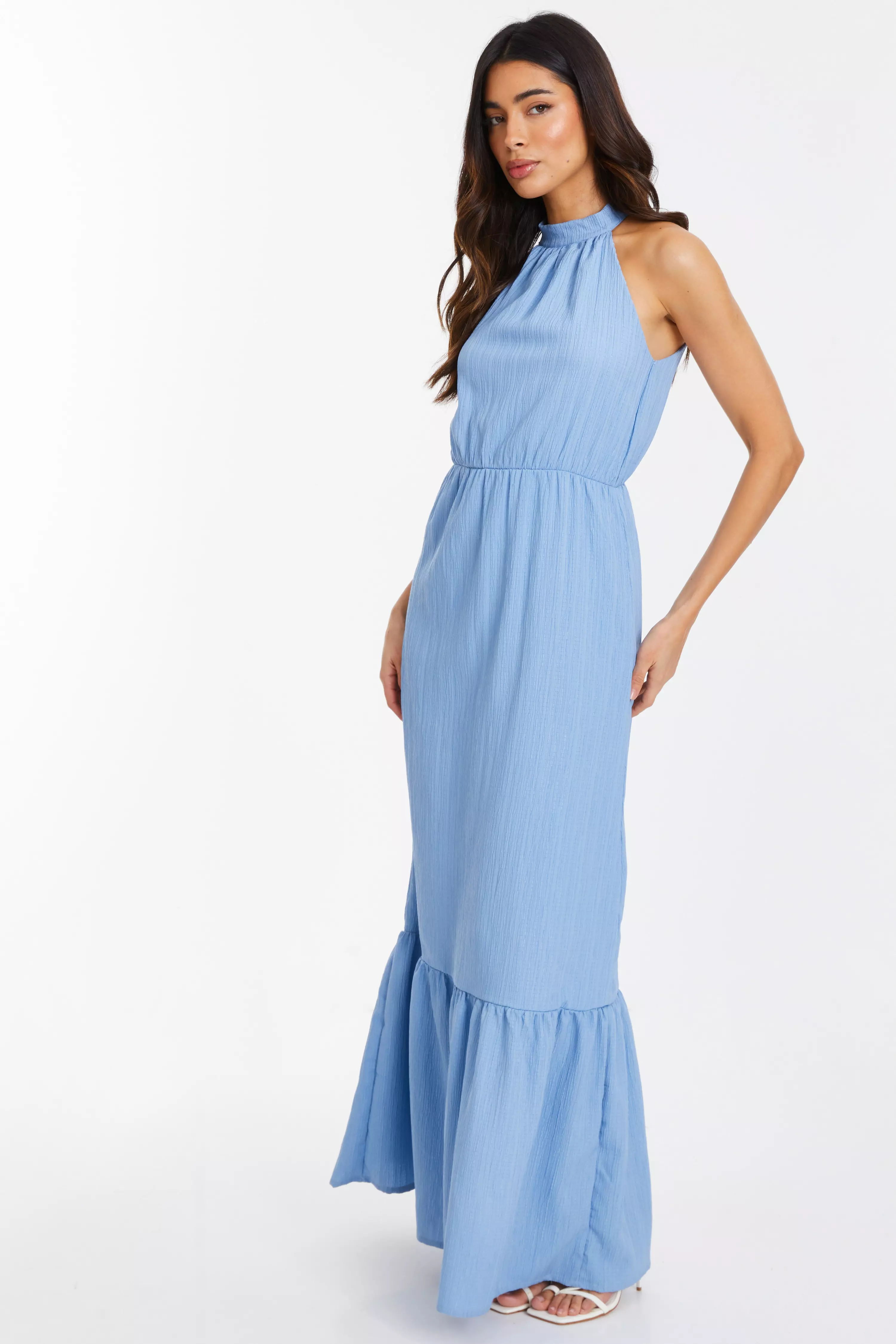 Blue Textured High Neck Maxi Dress