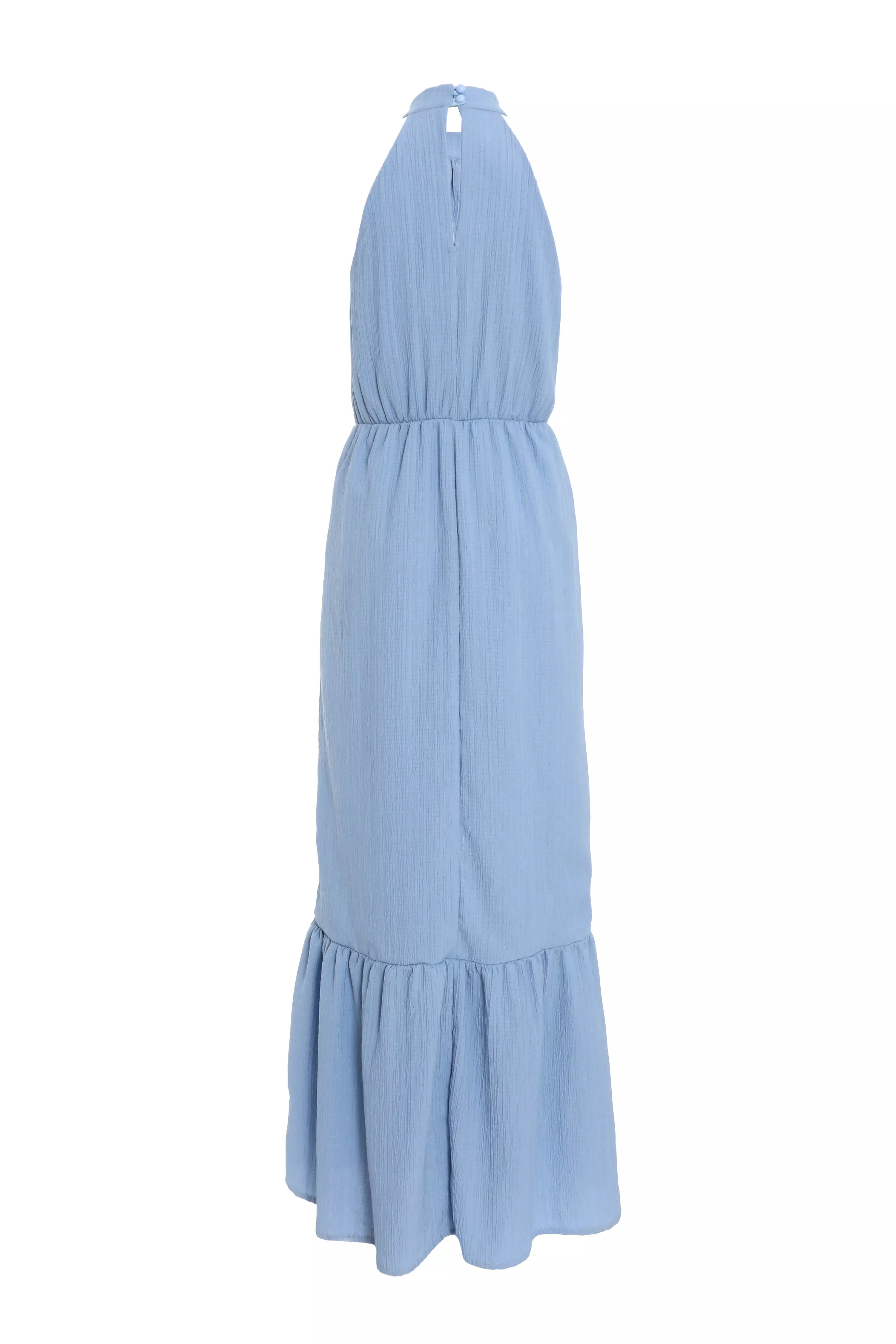 Blue Textured High Neck Maxi Dress