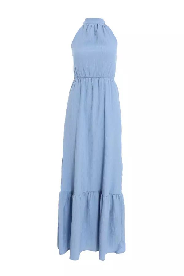 Blue Textured High Neck Maxi Dress