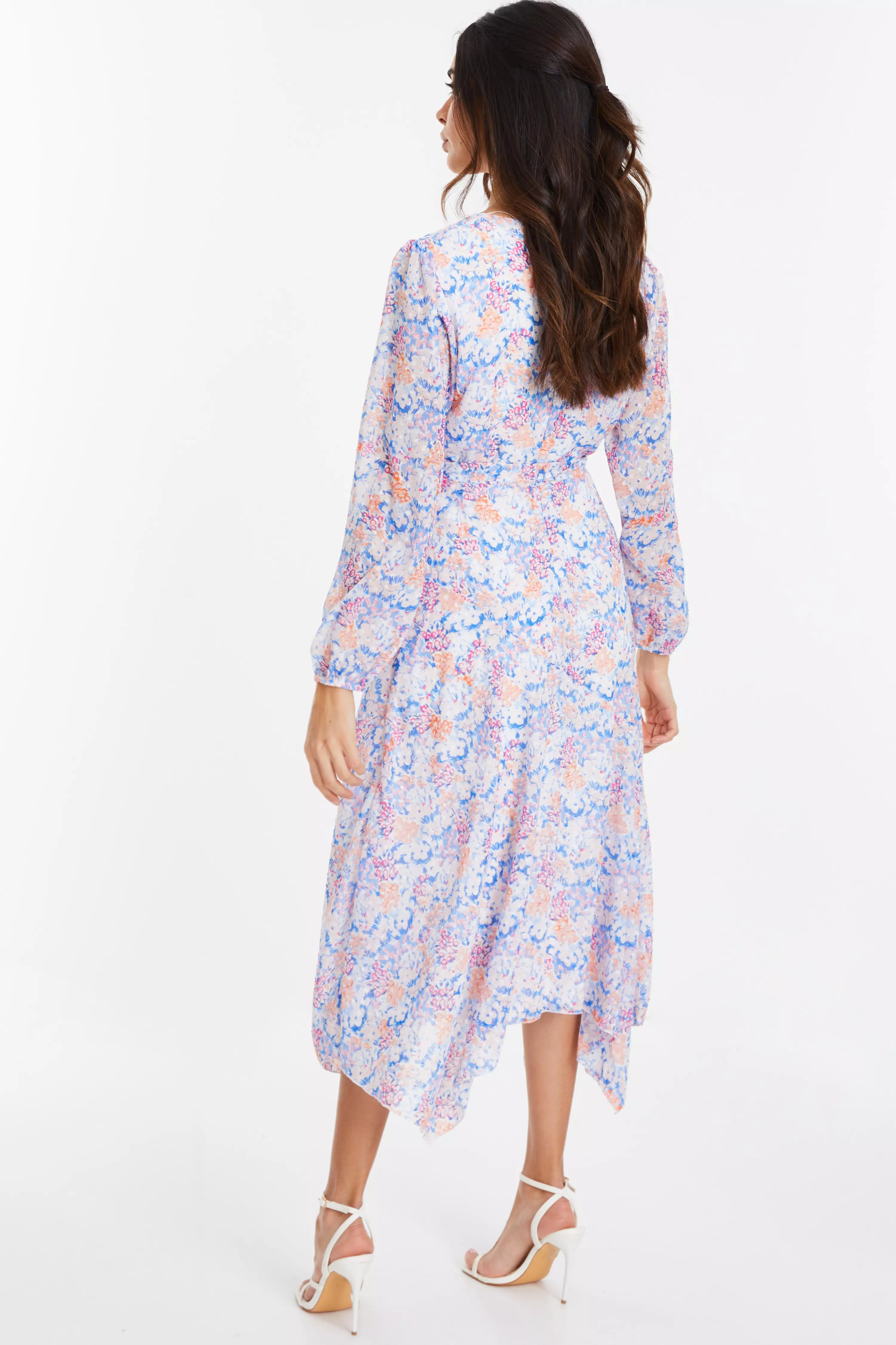 Multicoloured Ditsy Print Chiffon Wrap Midi Dress