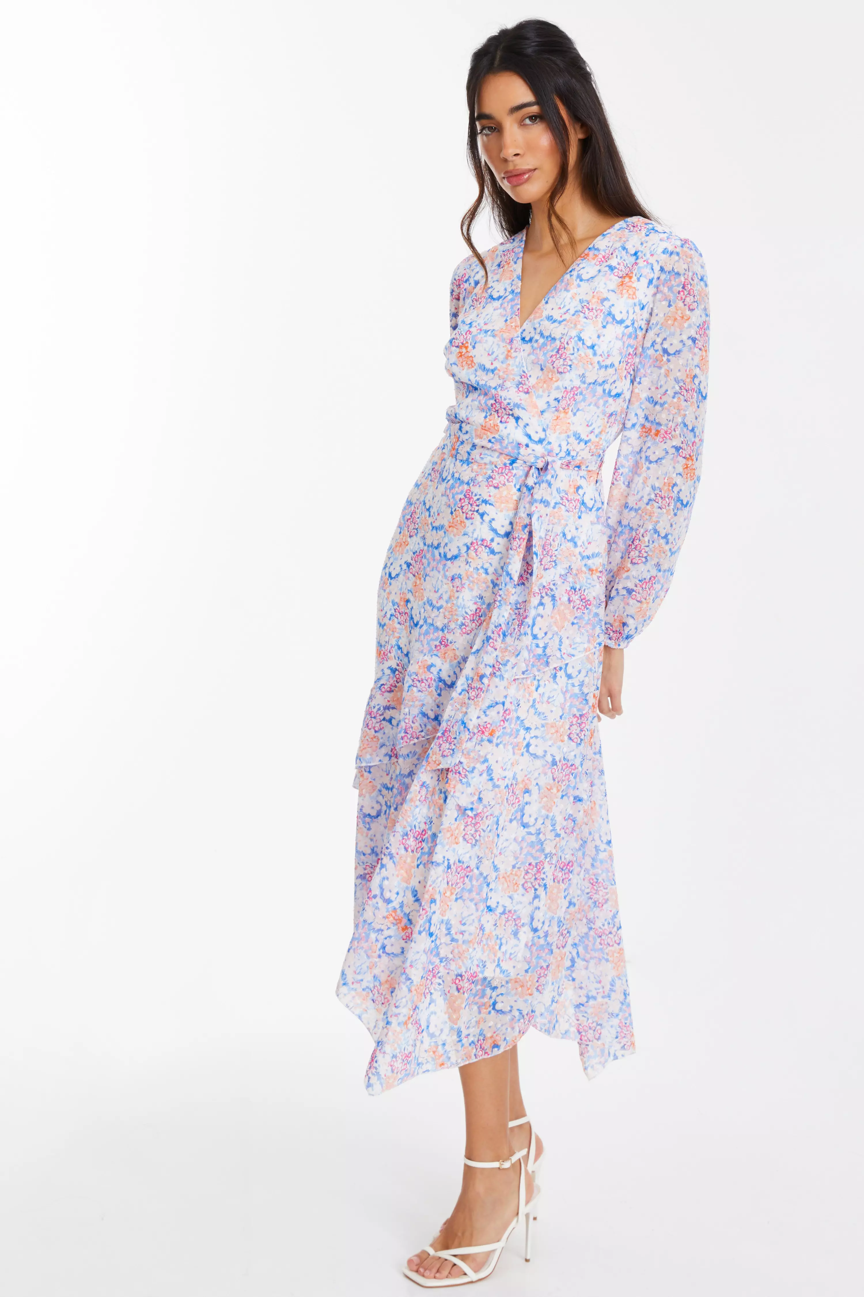 Multicoloured Ditsy Print Chiffon Wrap Midi Dress