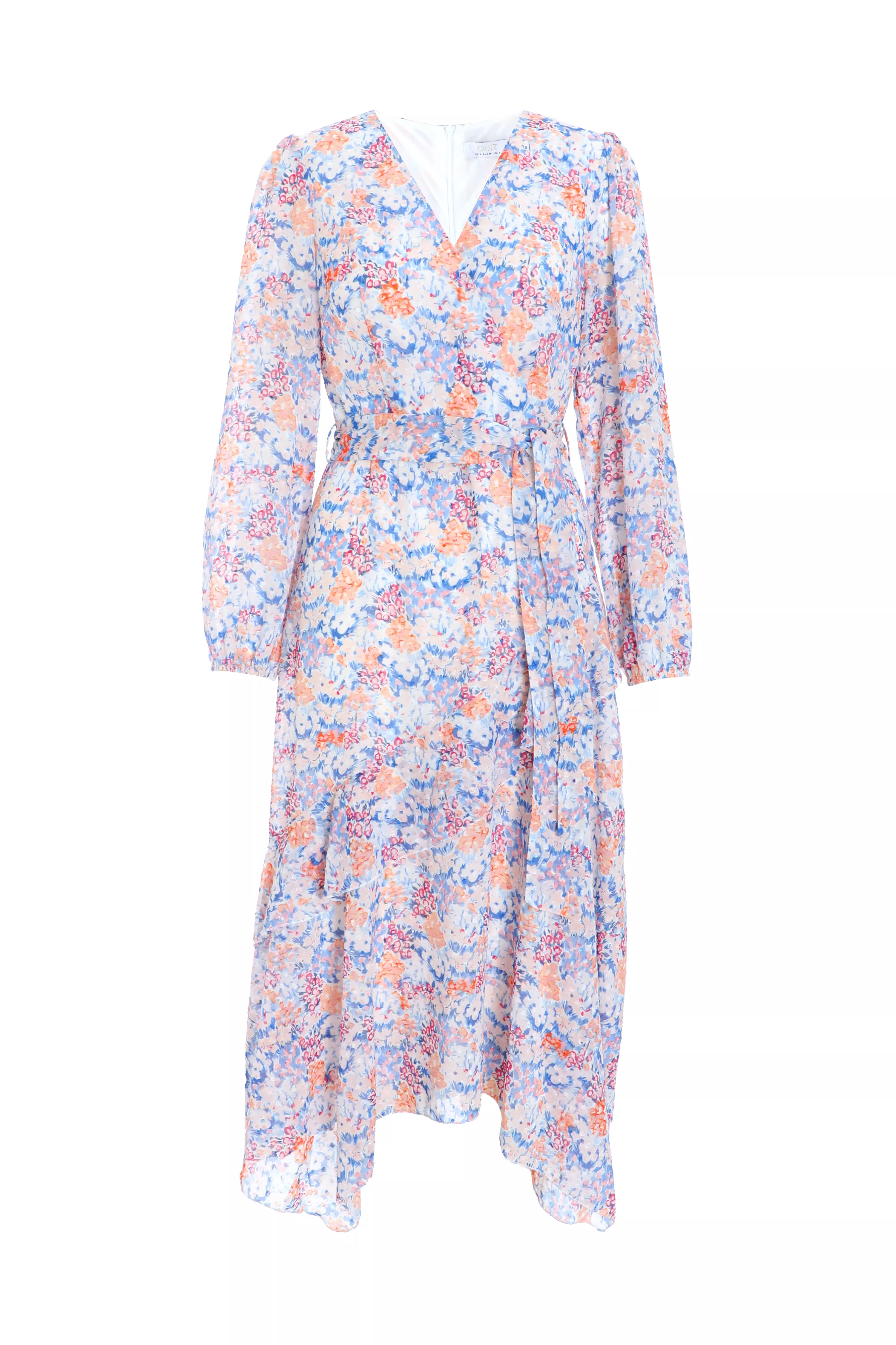 Multicoloured Ditsy Print Chiffon Wrap Midi Dress