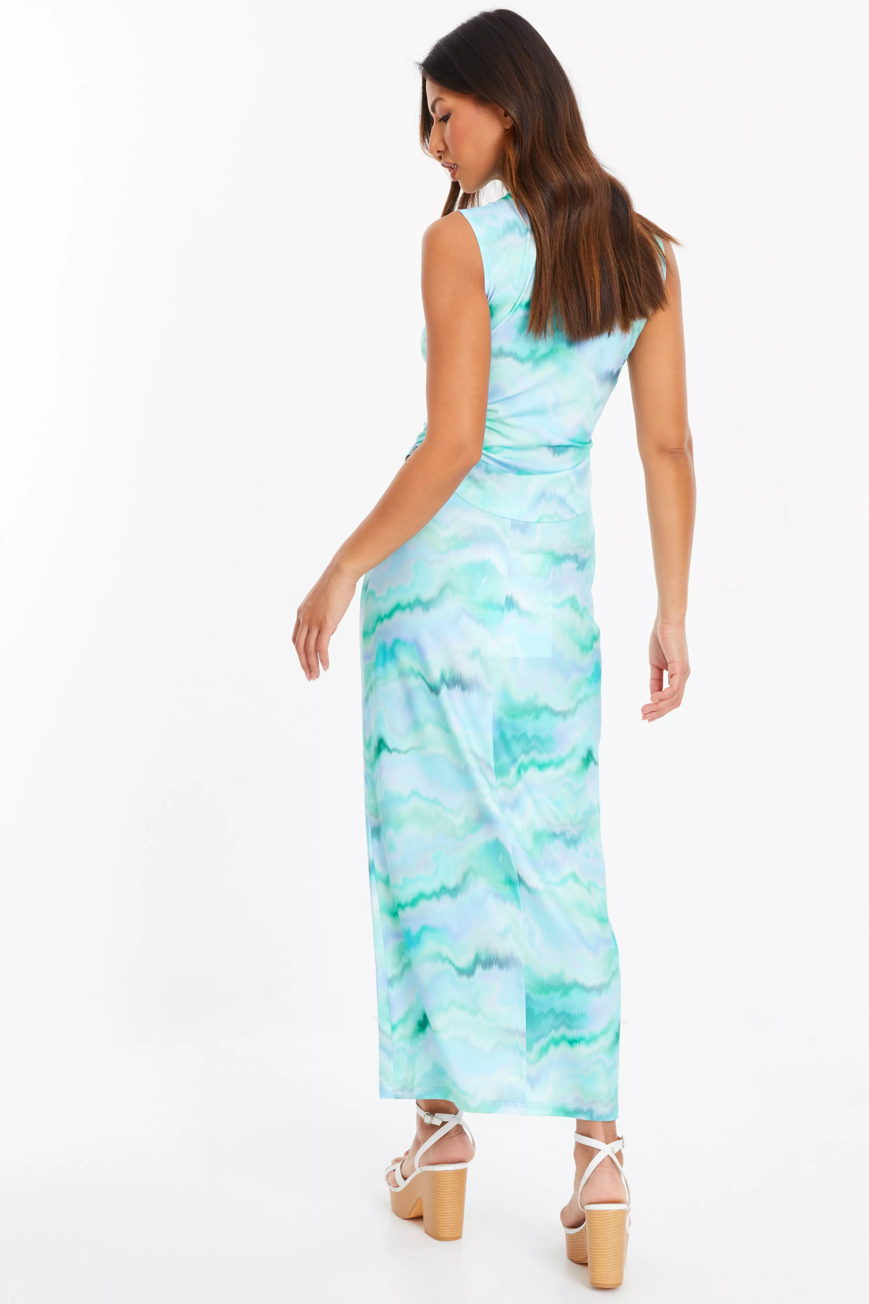 Pale Blue Marble Print Ruched Midi Skirt