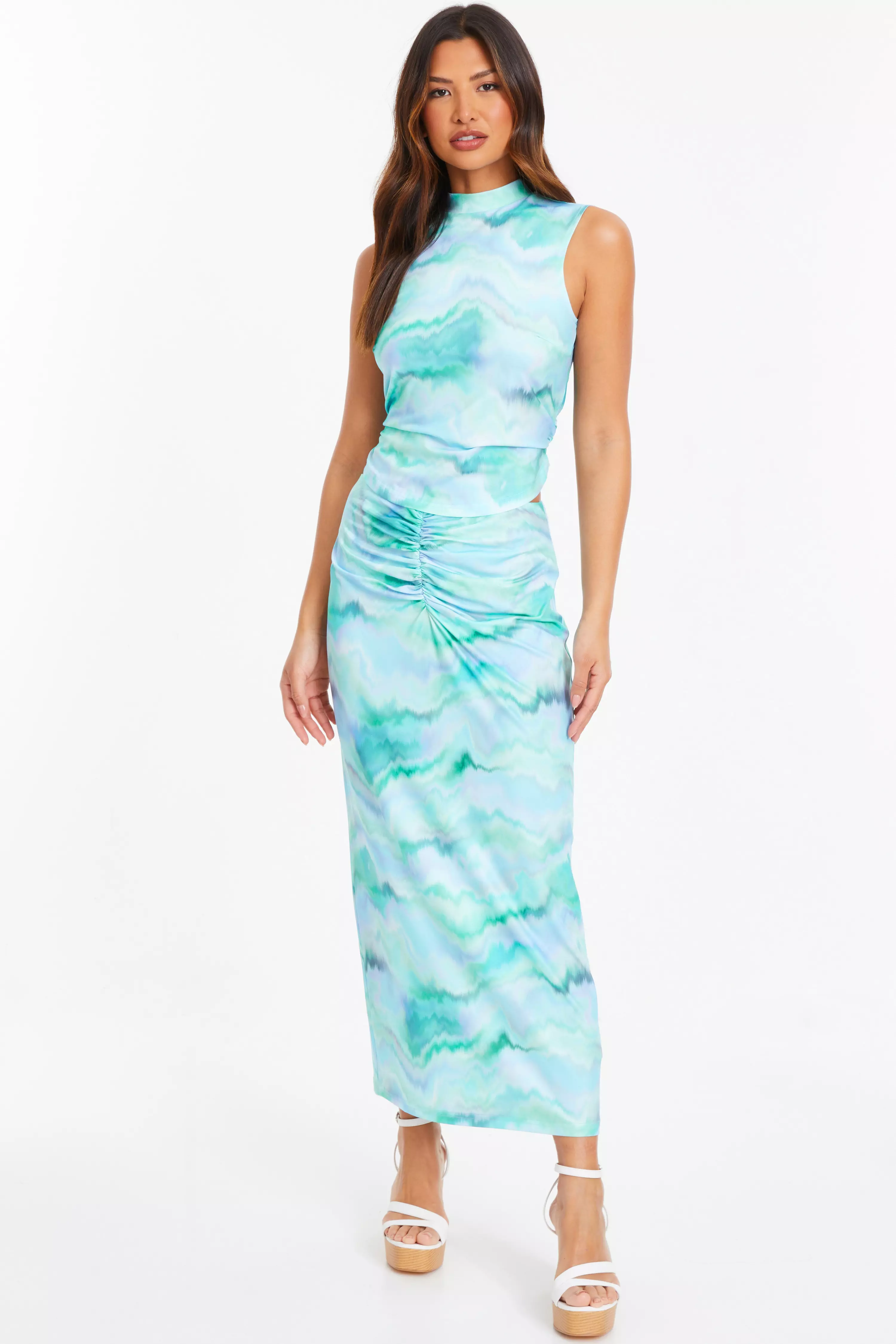 Pale Blue Marble Print Ruched Midi Skirt