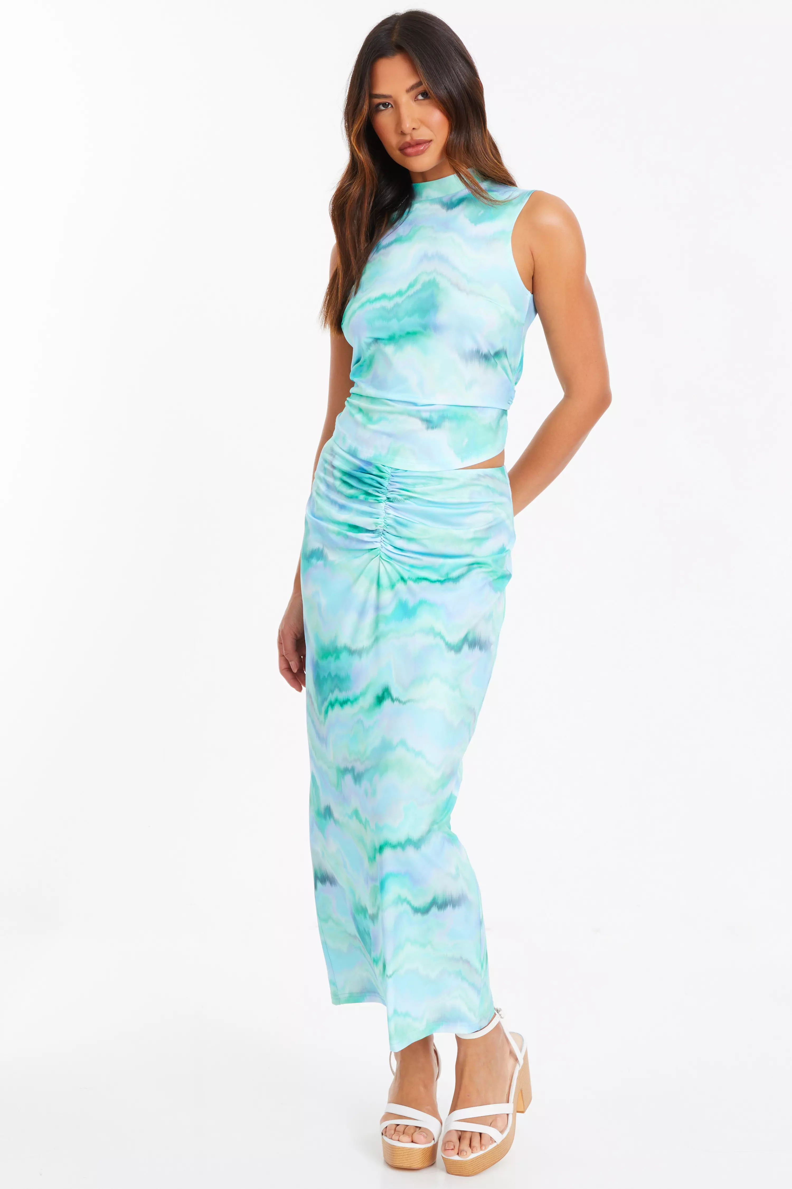 Pale Blue Marble Print Ruched Midi Skirt