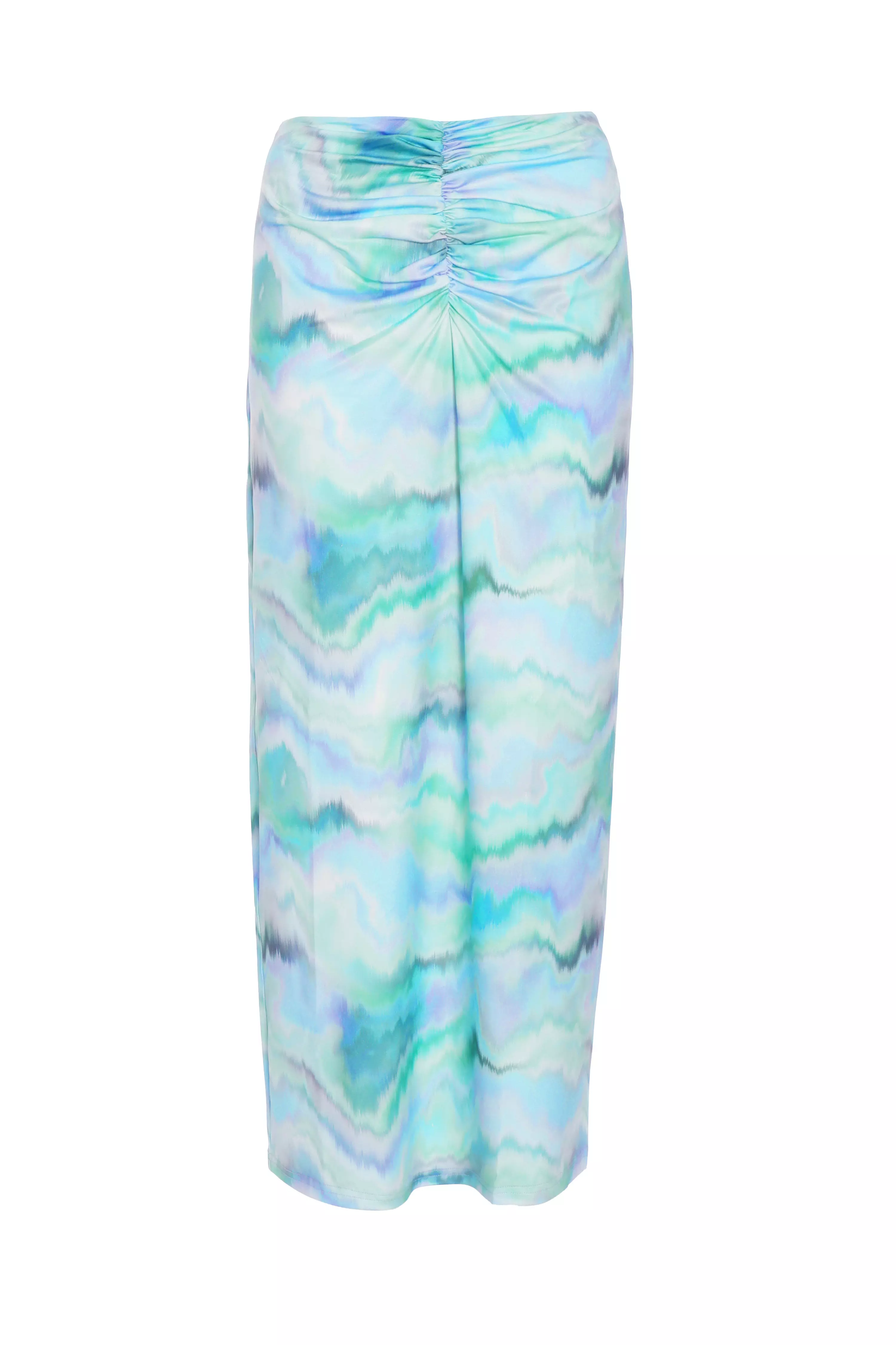 Pale Blue Marble Print Ruched Midi Skirt