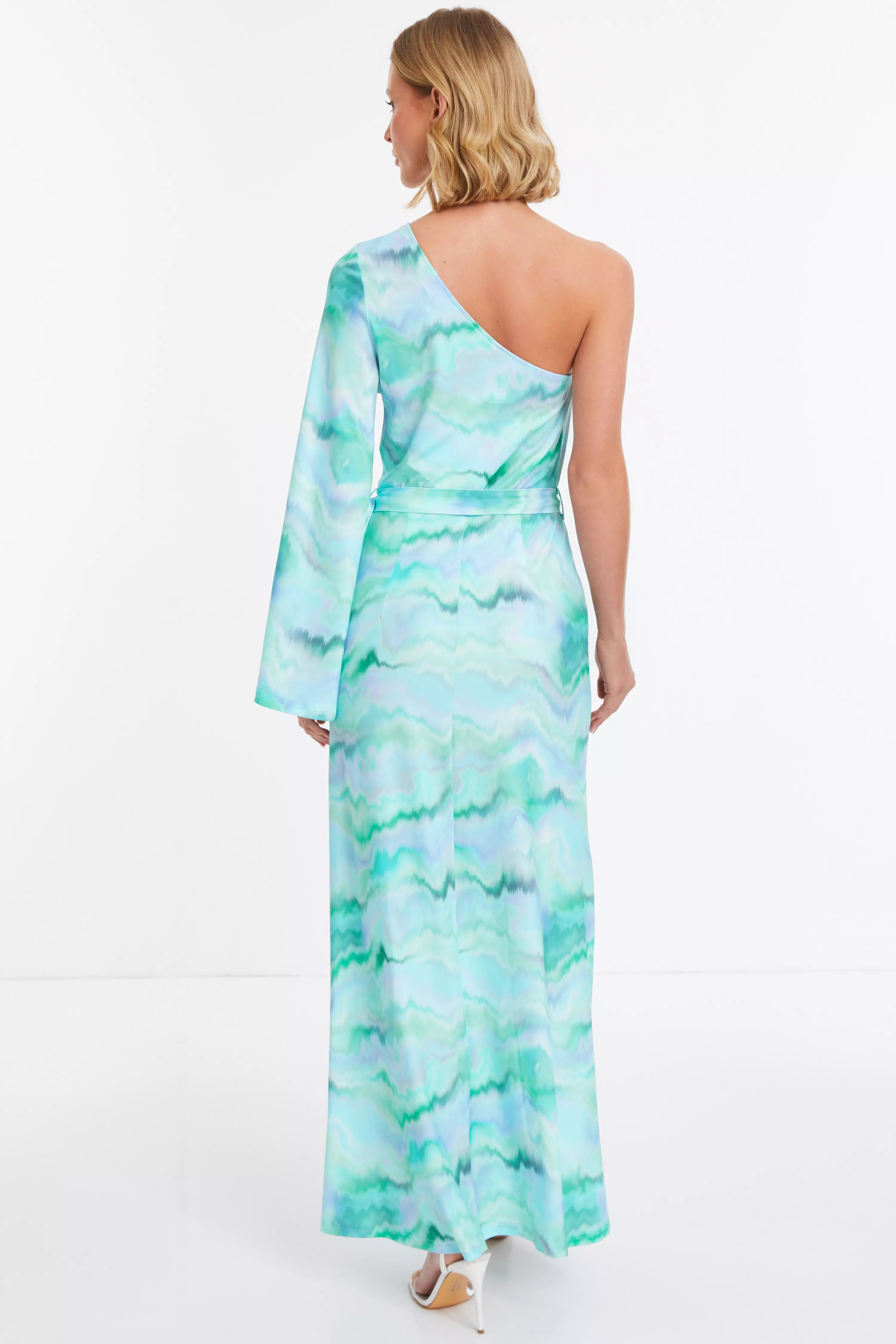 Blue Slinky Marble One Shoulder Fluted Dress