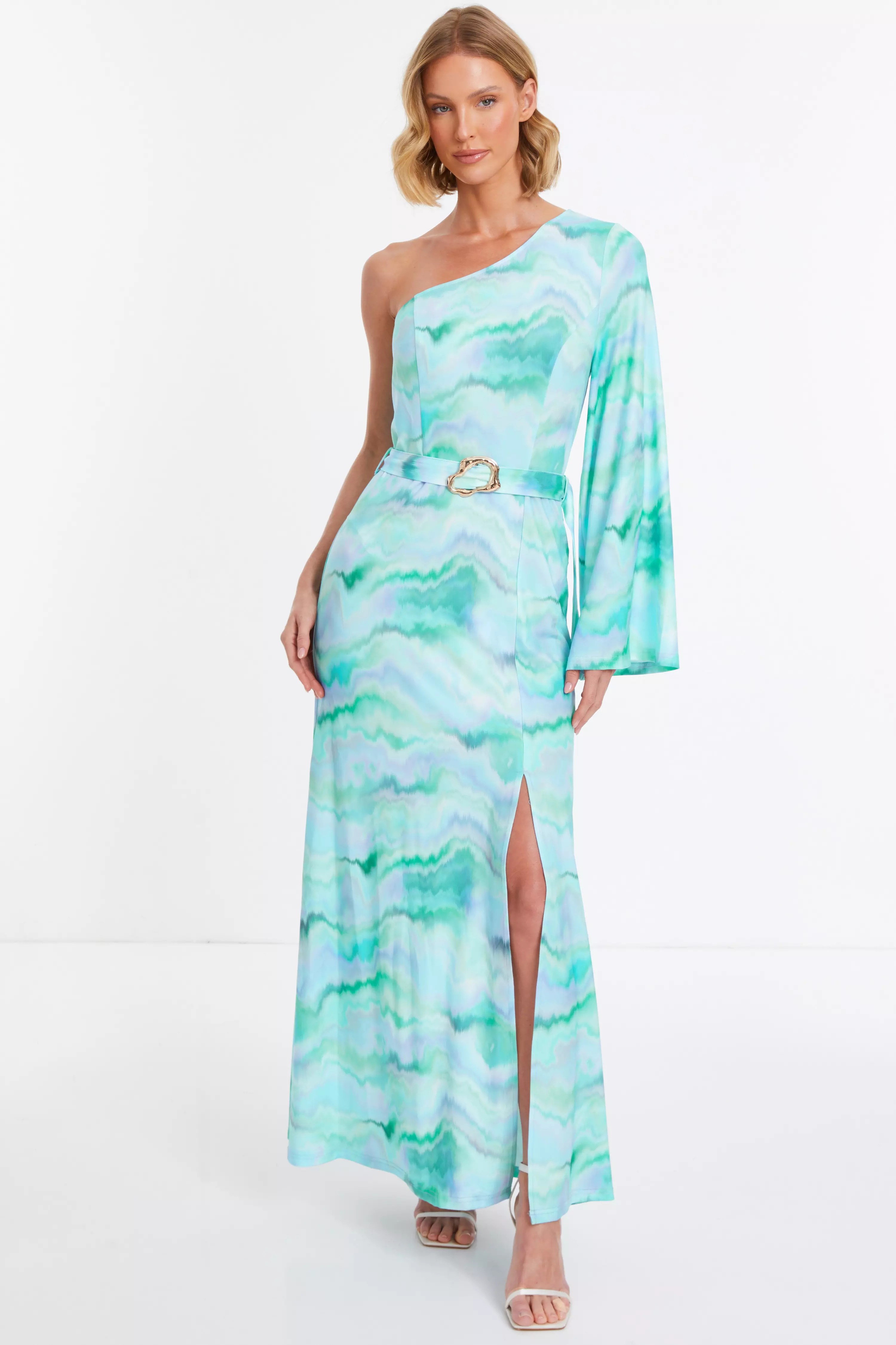 Blue Slinky Marble One Shoulder Fluted Dress