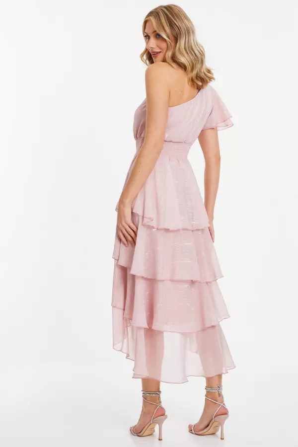 Pink Chiffon One Sleeve Midi Dress
