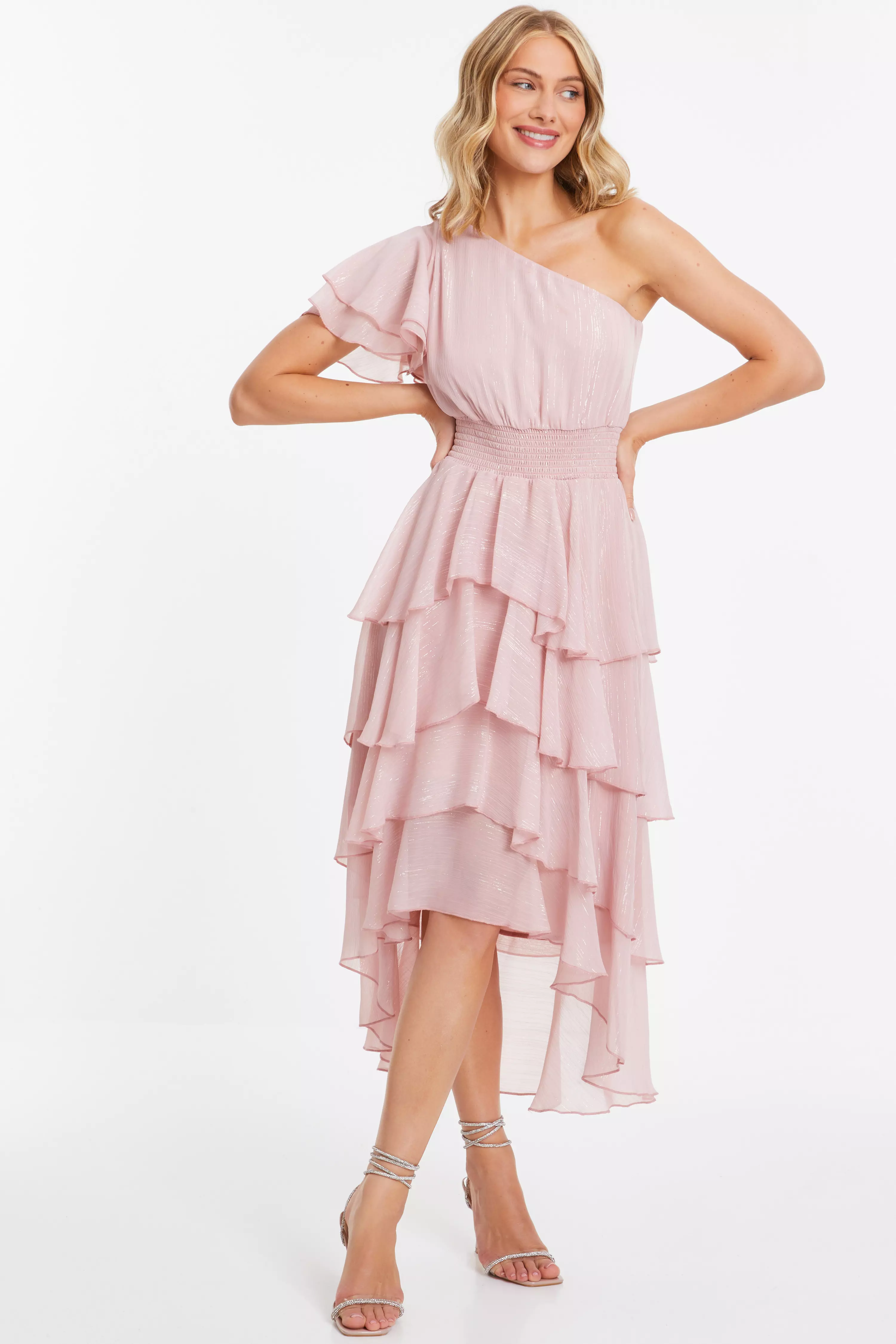 Pink Chiffon One Sleeve Midi Dress