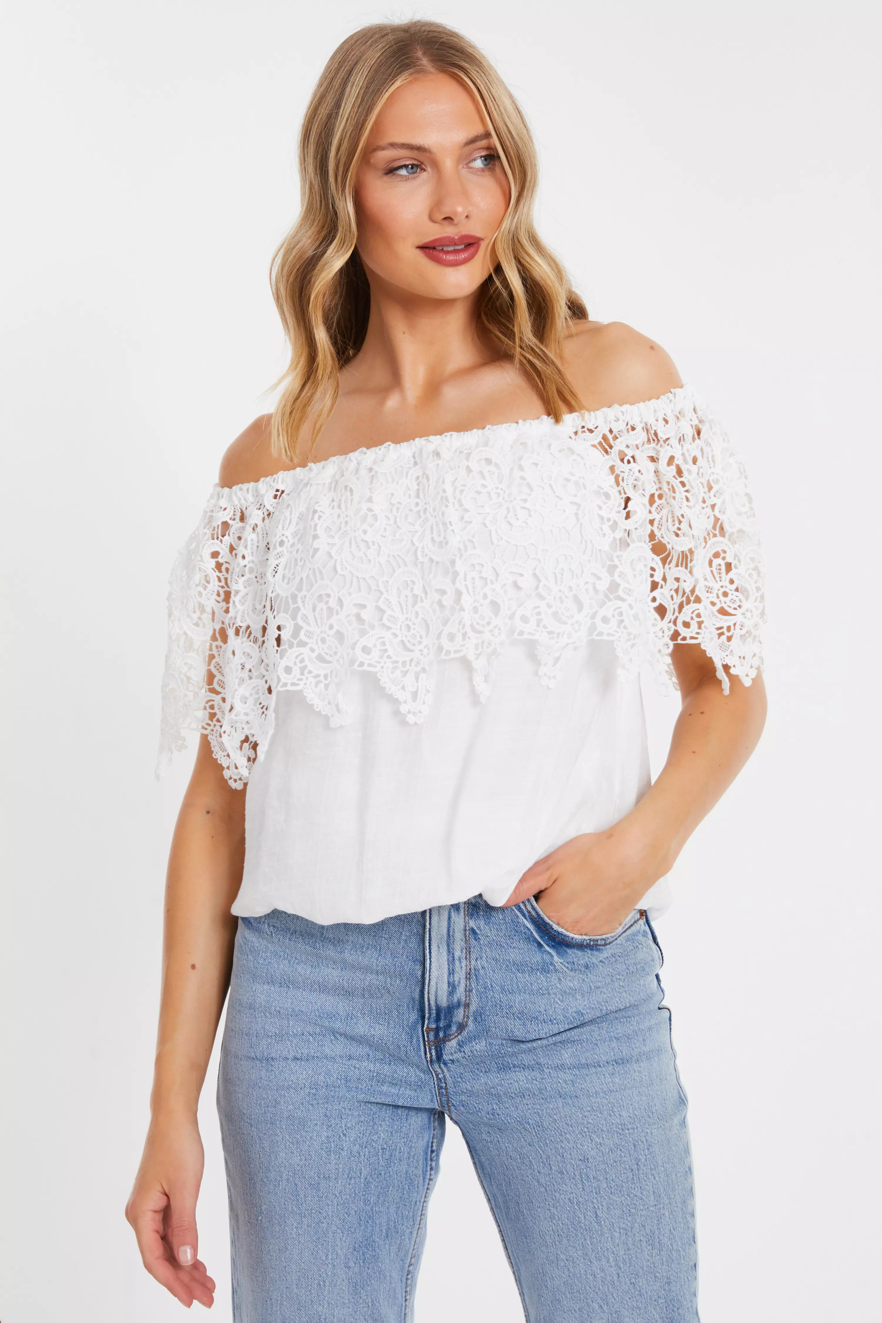 Cream Crochet Bardot Top