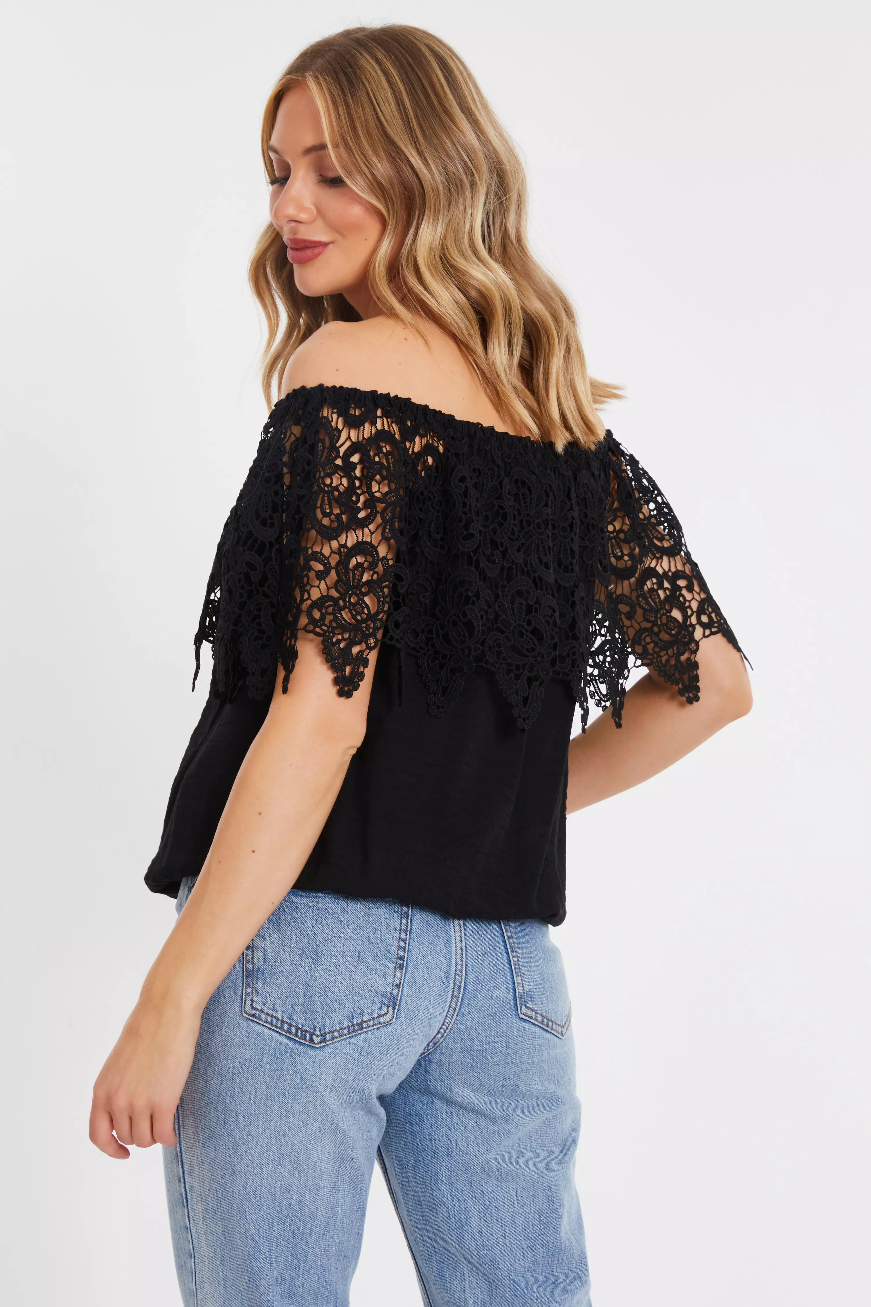 Black Crochet Bardot Top