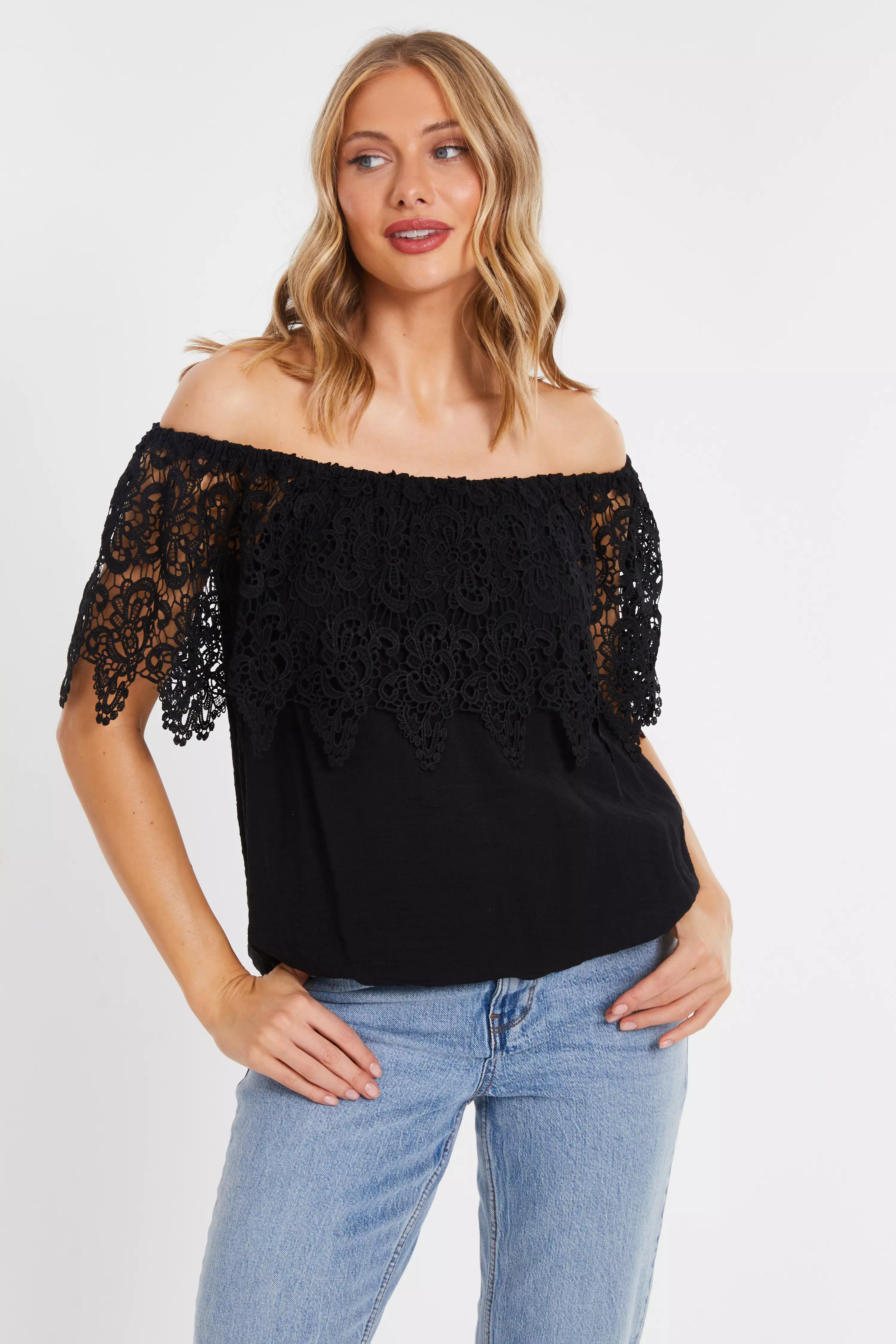 Black Crochet Bardot Top