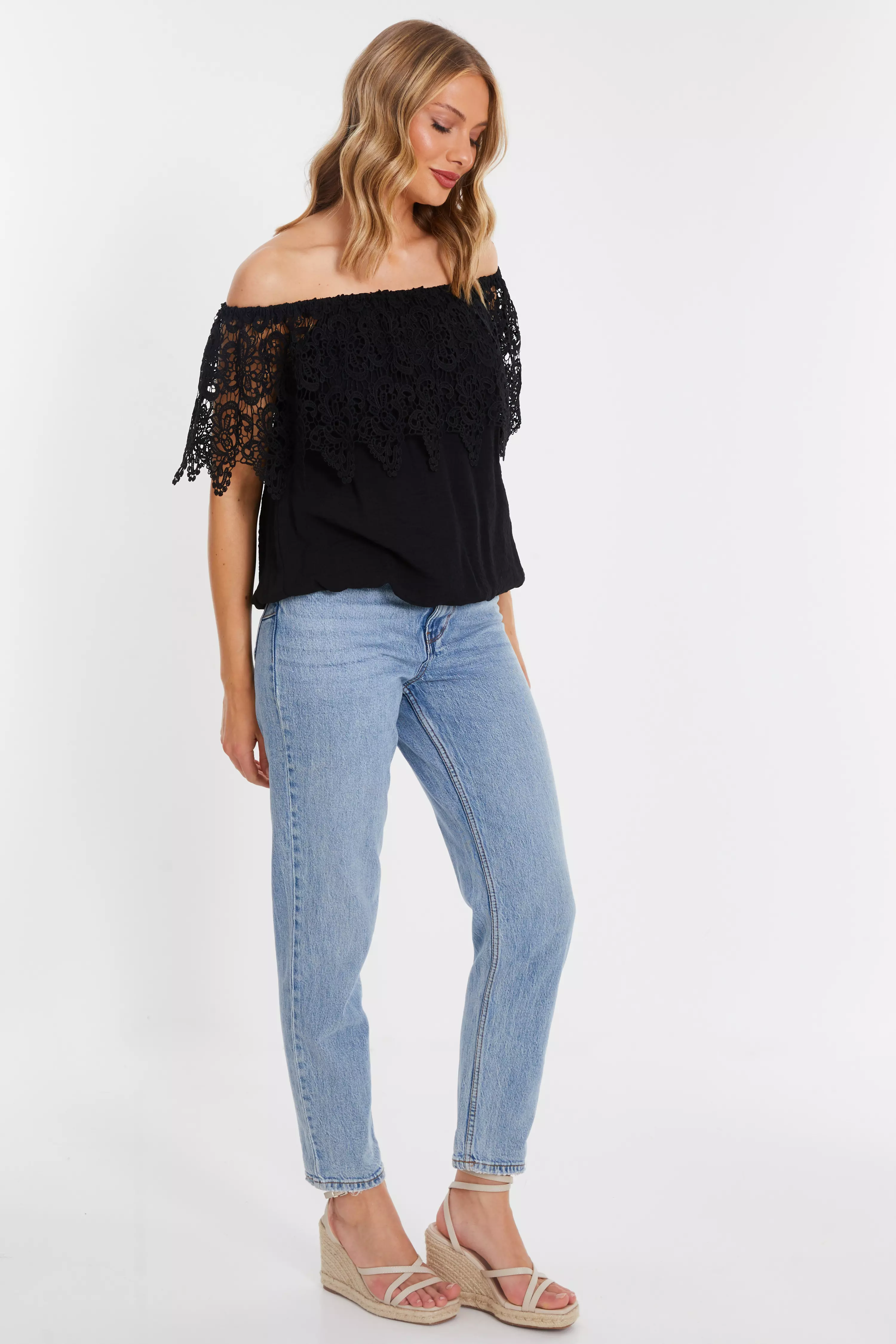 Black Crochet Bardot Top