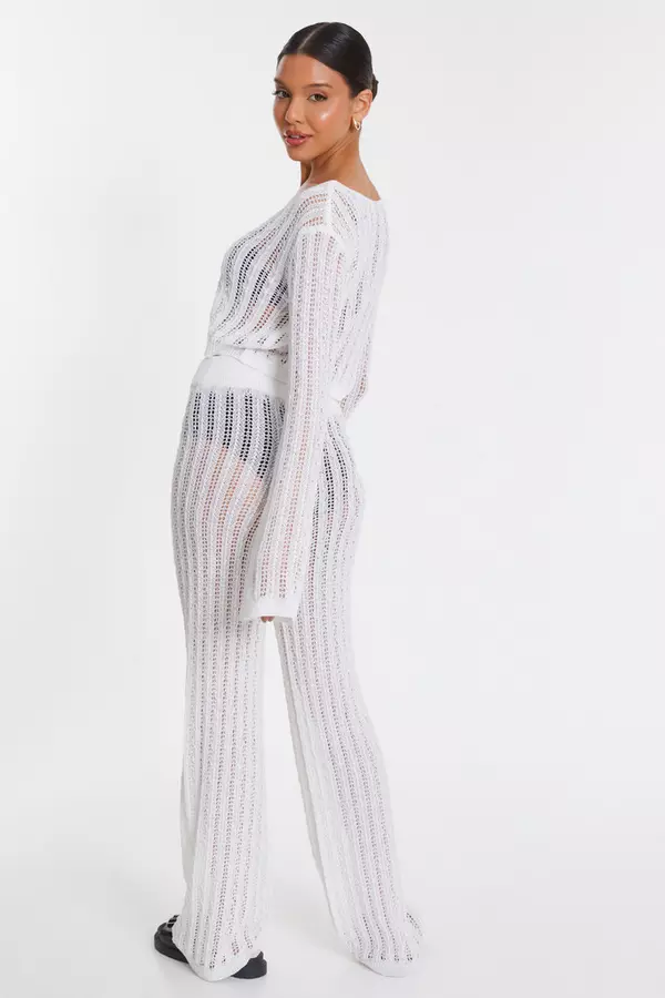 White Crochet Knit Trousers