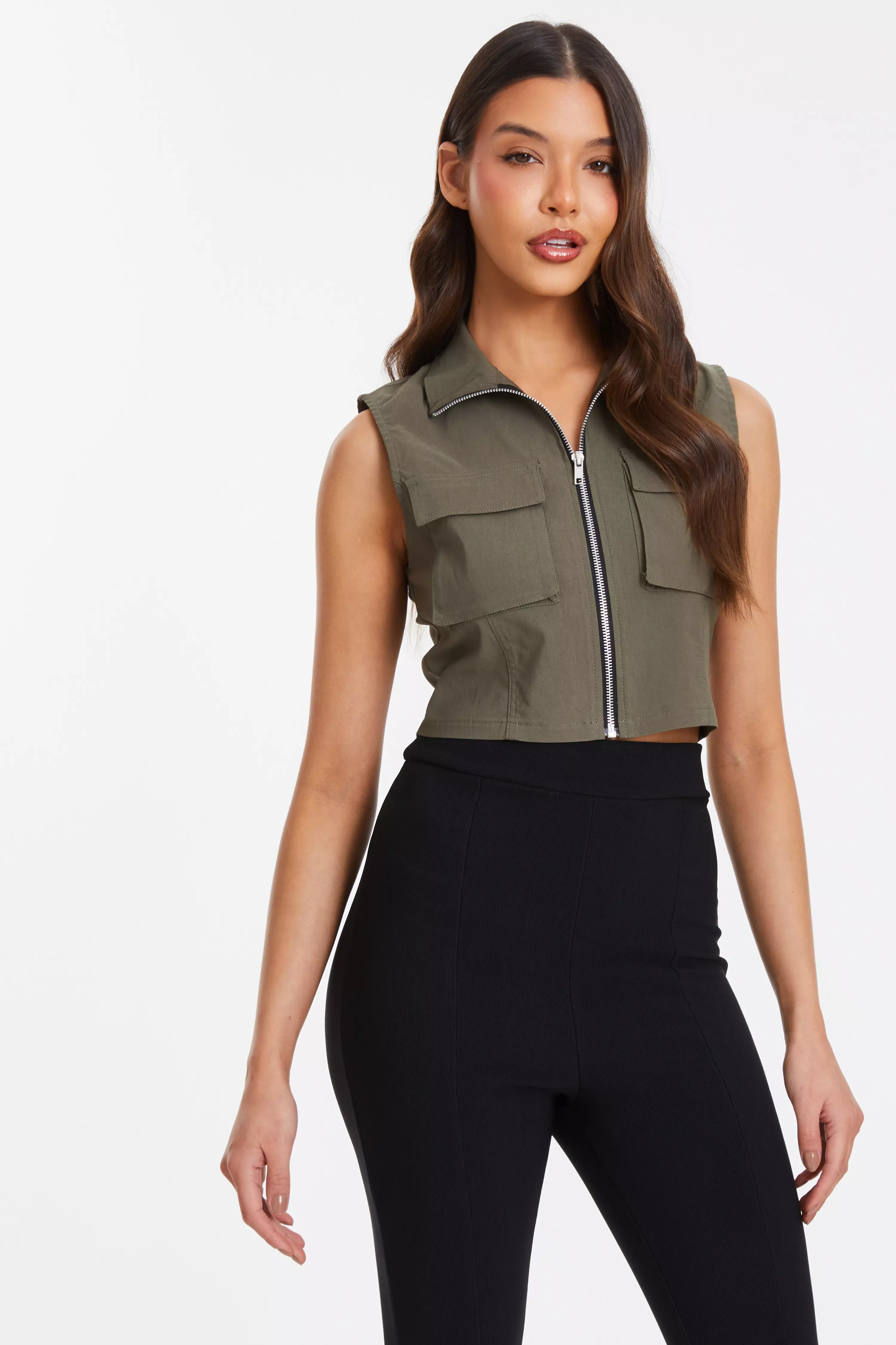 Khaki Cropped Cargo Gilet