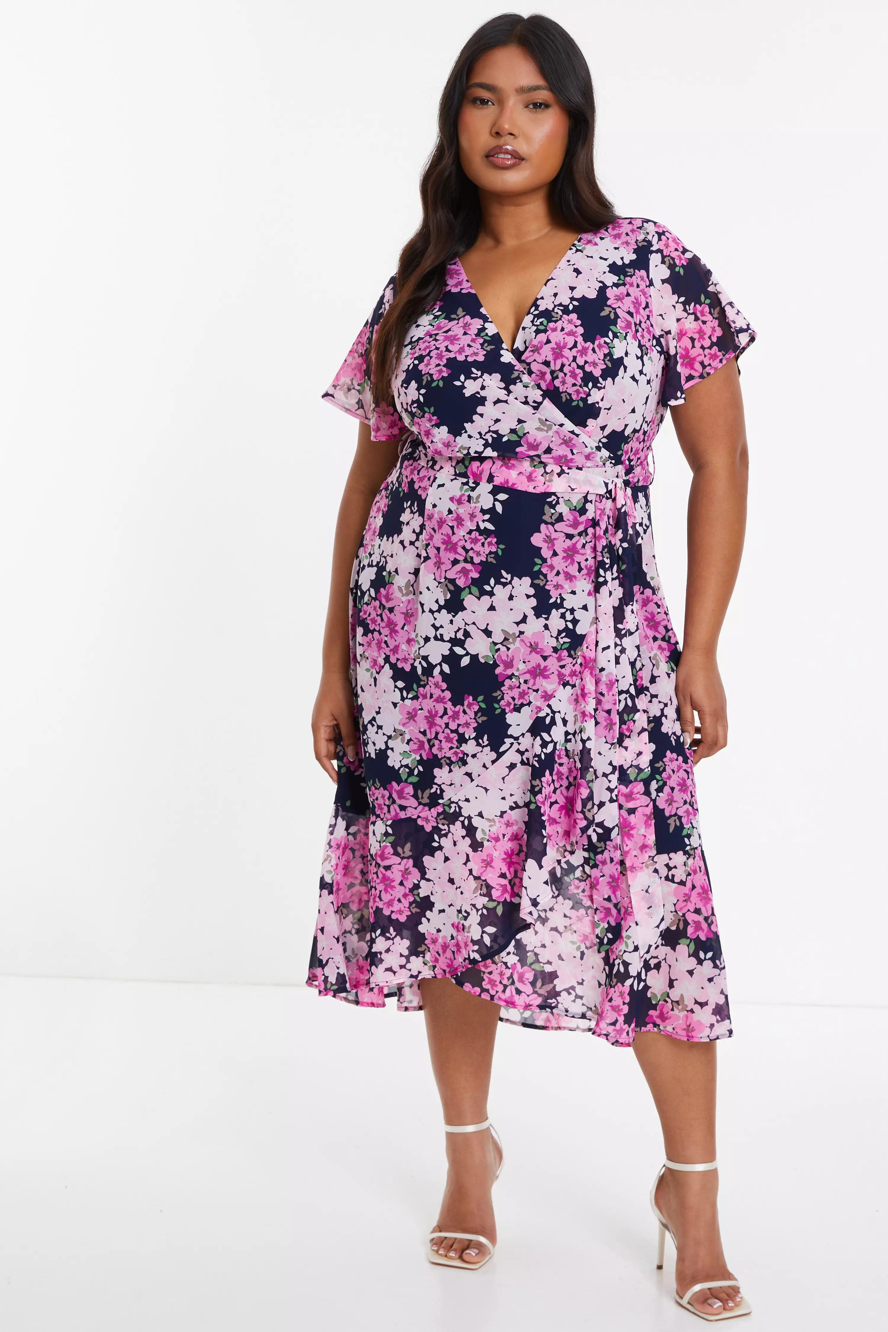 Curve Pink Floral Frill Wrap Midi Dress