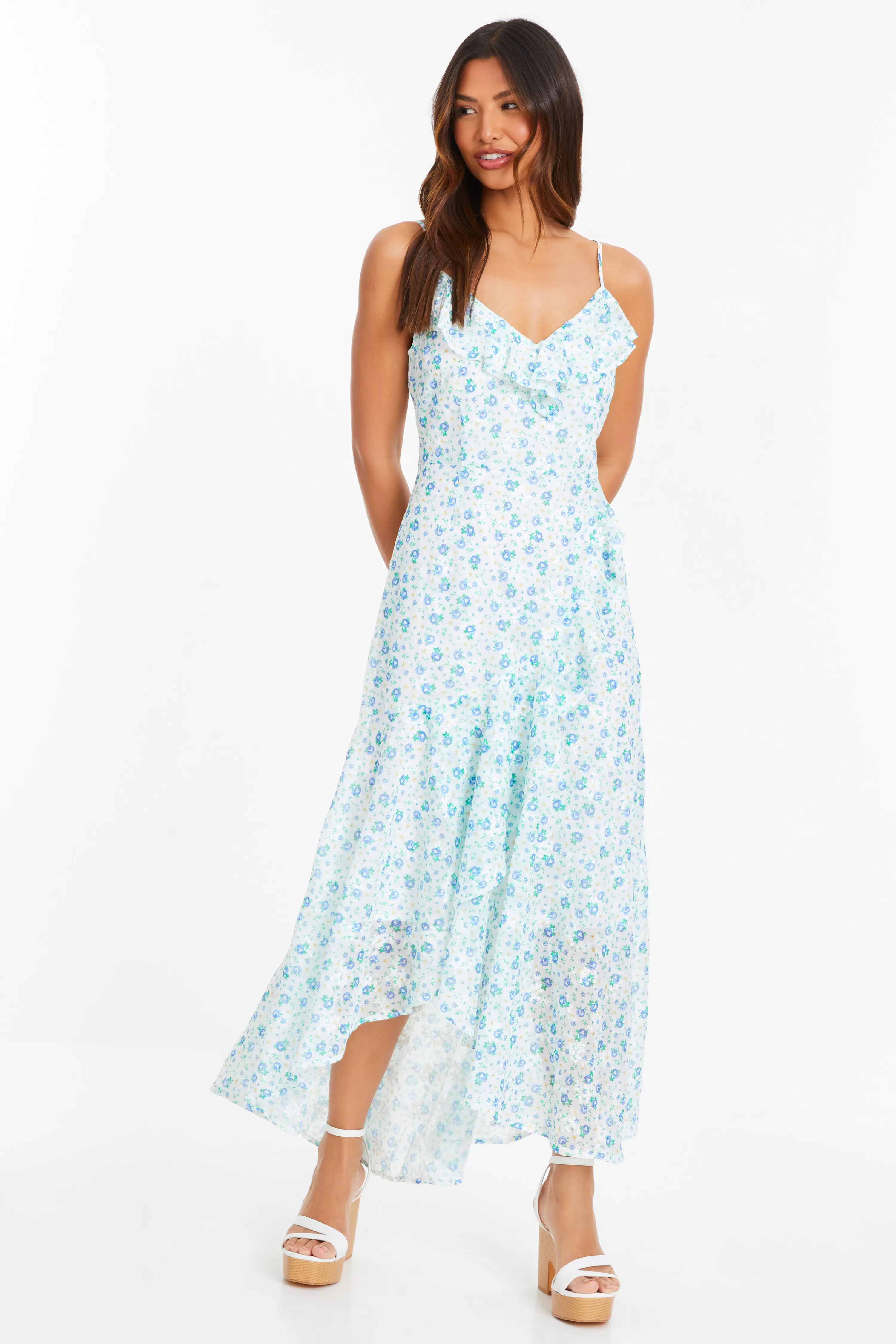 Blue Ditsy Print Chiffon Midaxi Dress