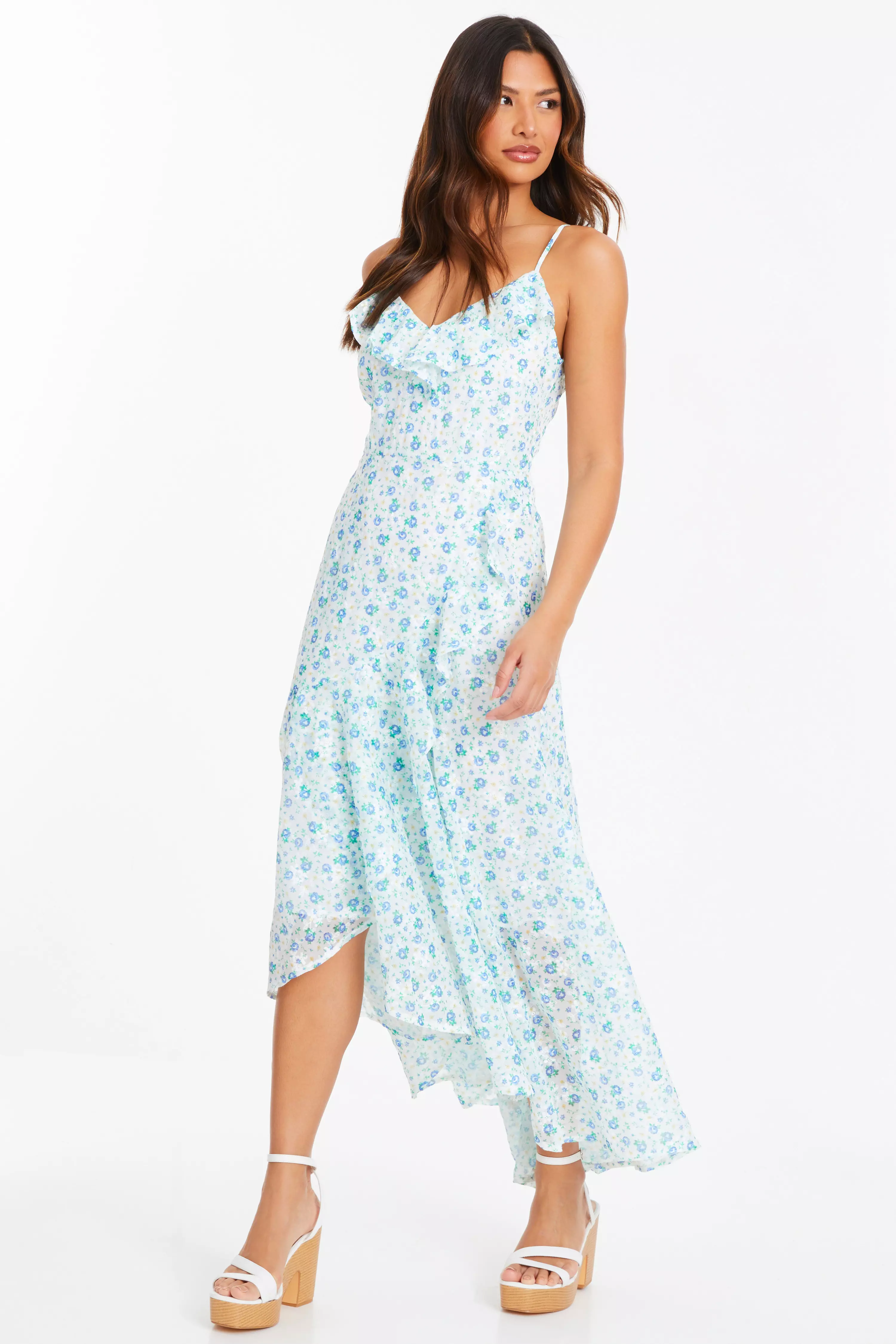 Blue Ditsy Print Chiffon Midaxi Dress