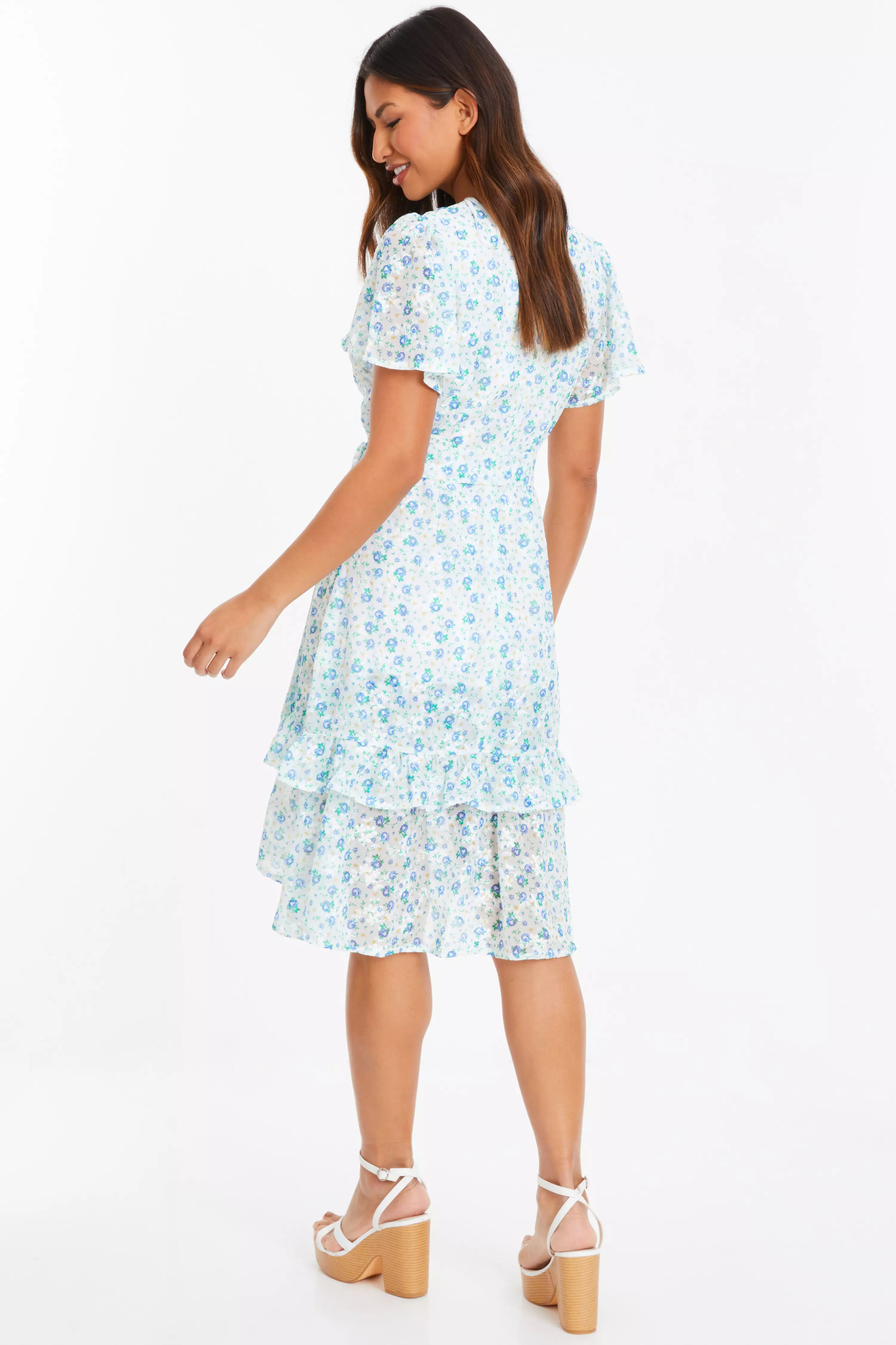 Blue Ditsy Print Chiffon Wrap Midi Dress