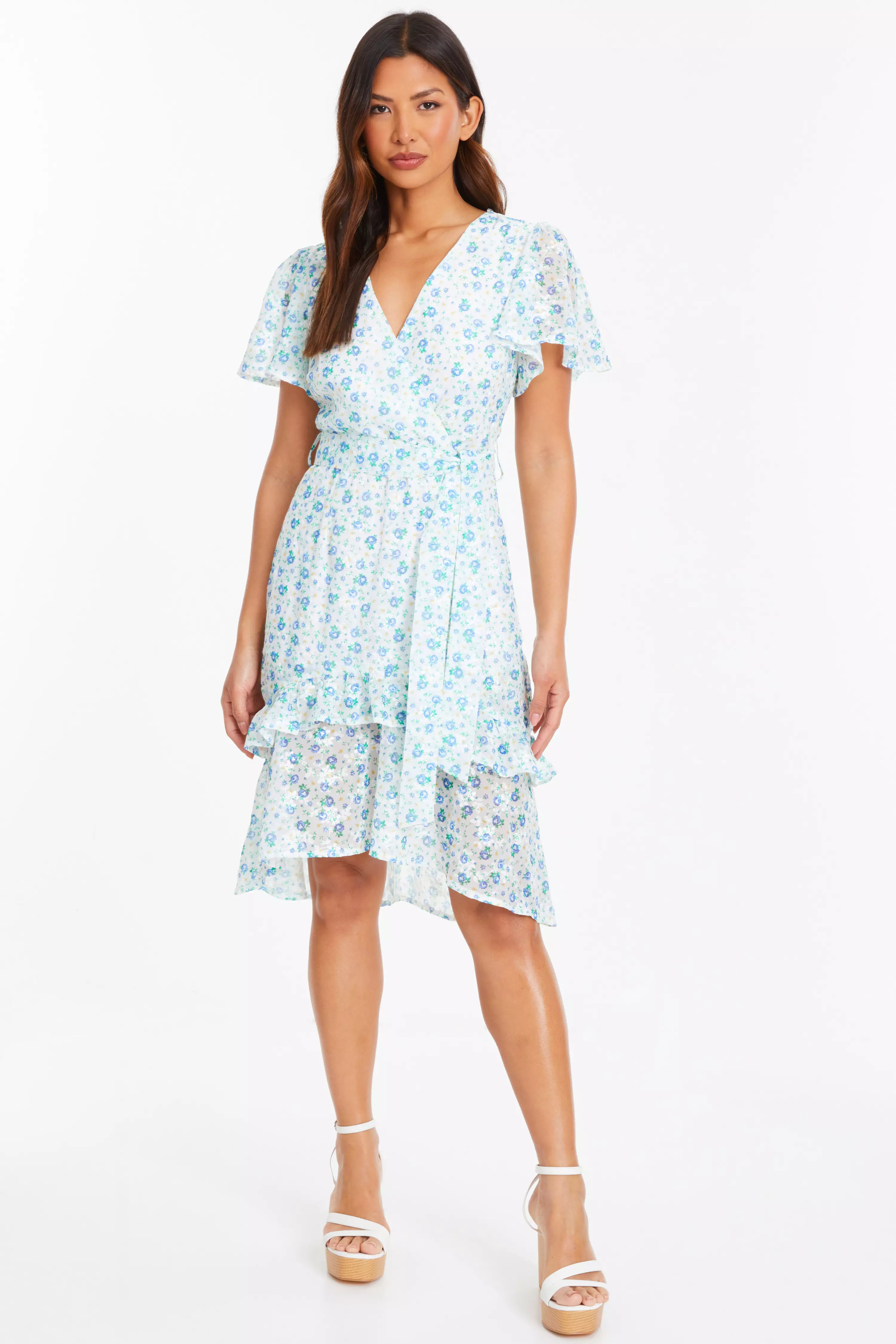 Blue Ditsy Print Chiffon Wrap Mini Dress