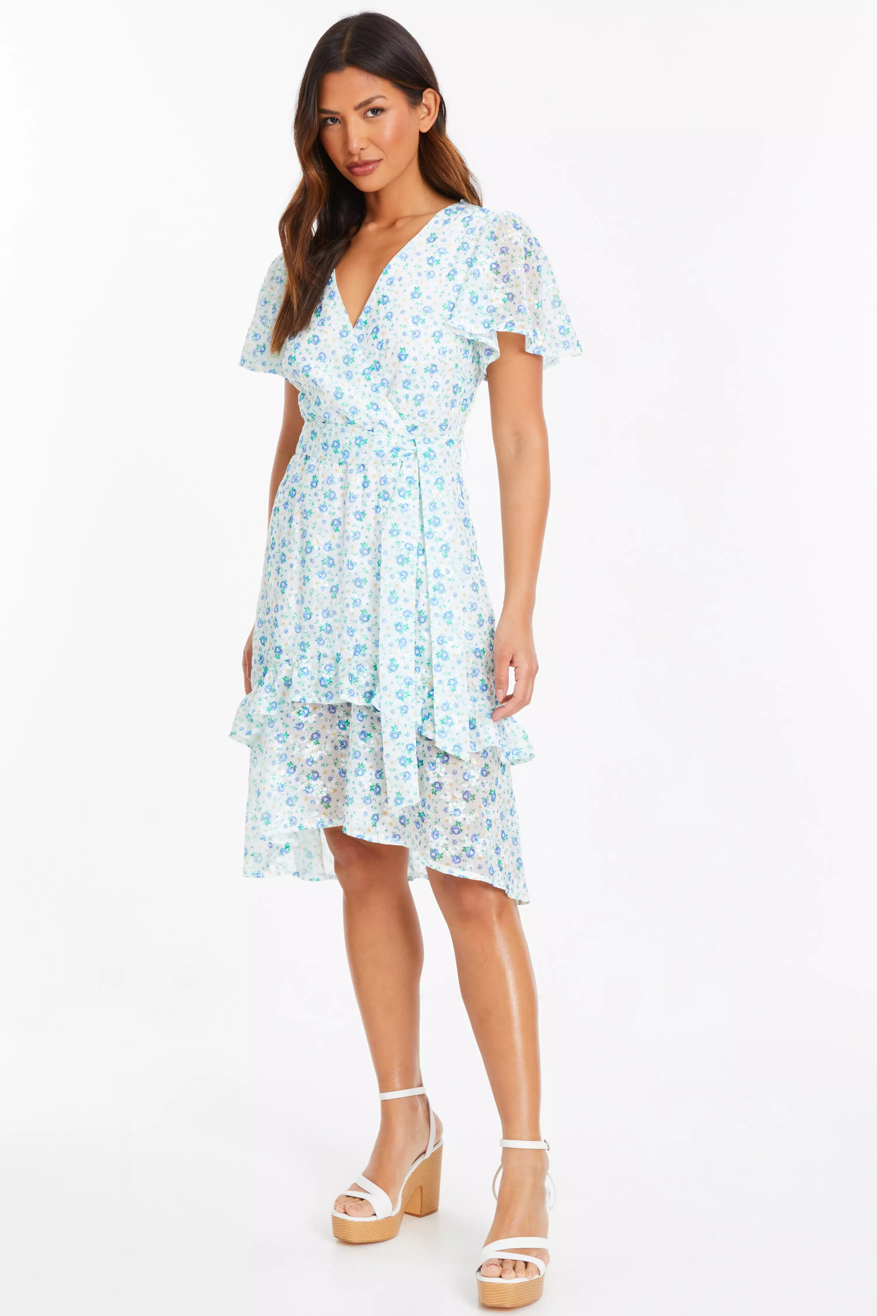 Blue Ditsy Print Chiffon Wrap Midi Dress