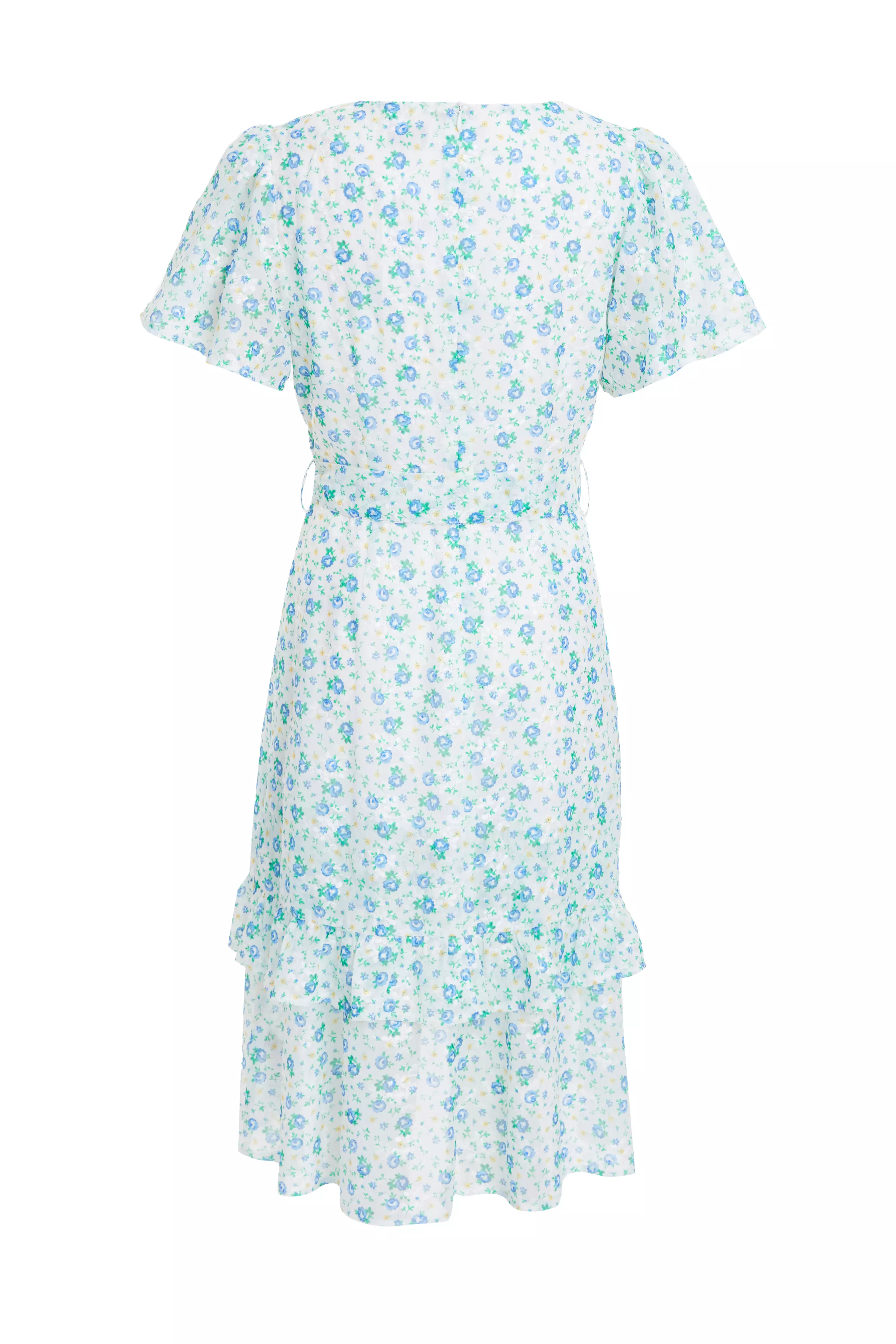 Blue Ditsy Print Chiffon Wrap Midi Dress