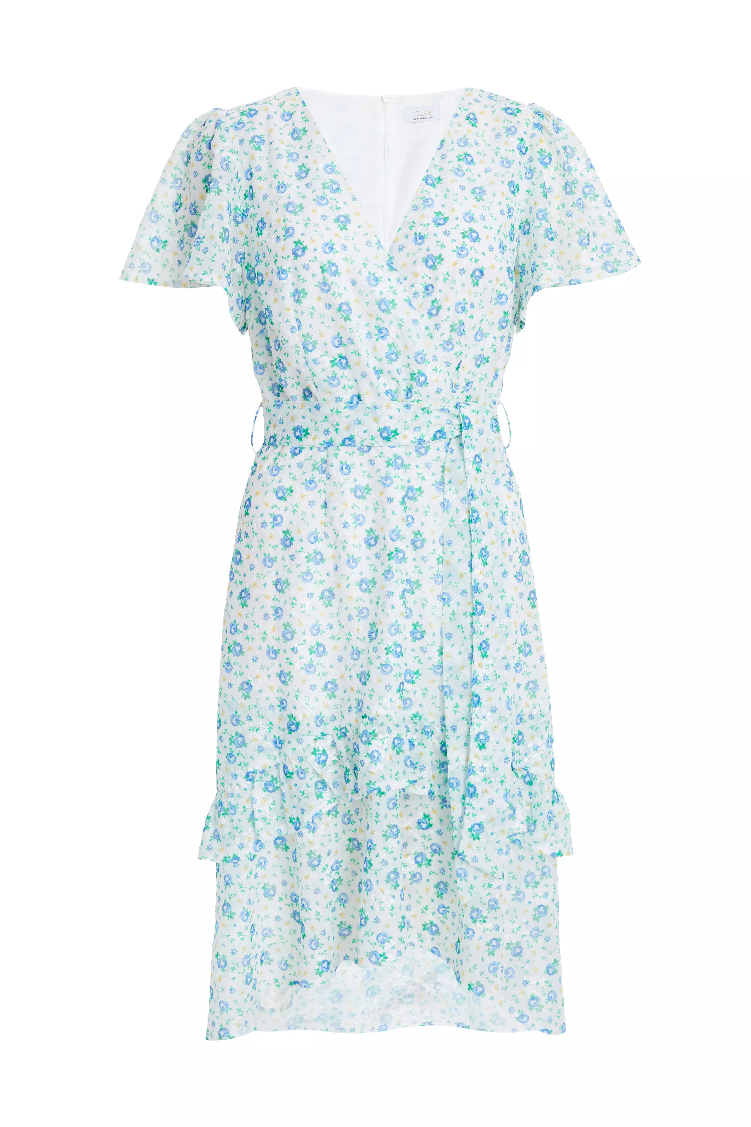 Blue Ditsy Print Chiffon Wrap Midi Dress