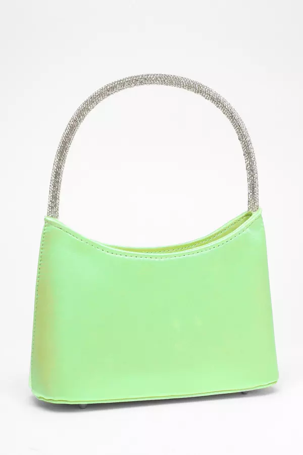 Lime Satin Diamante Top Handle Bag