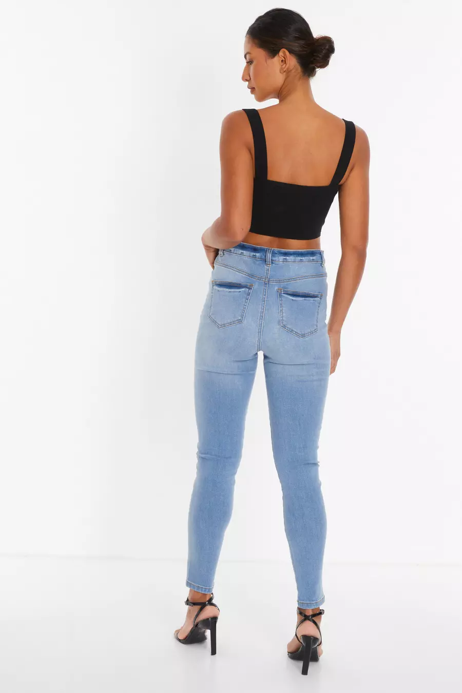 Blue Denim Diamante Ripped Skinny Jeans QUIZ Clothing