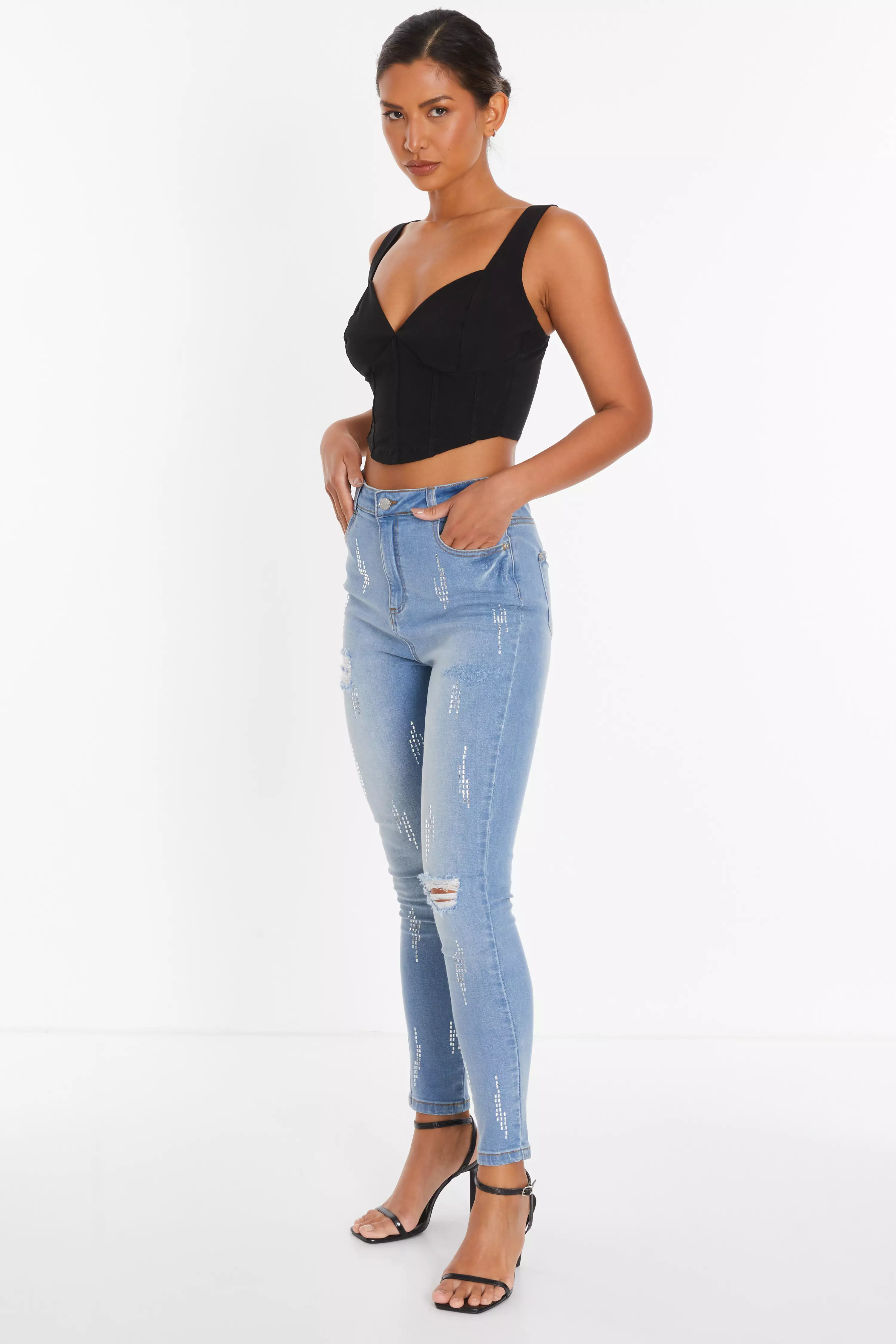 Blue Denim Diamante Ripped Skinny Jeans