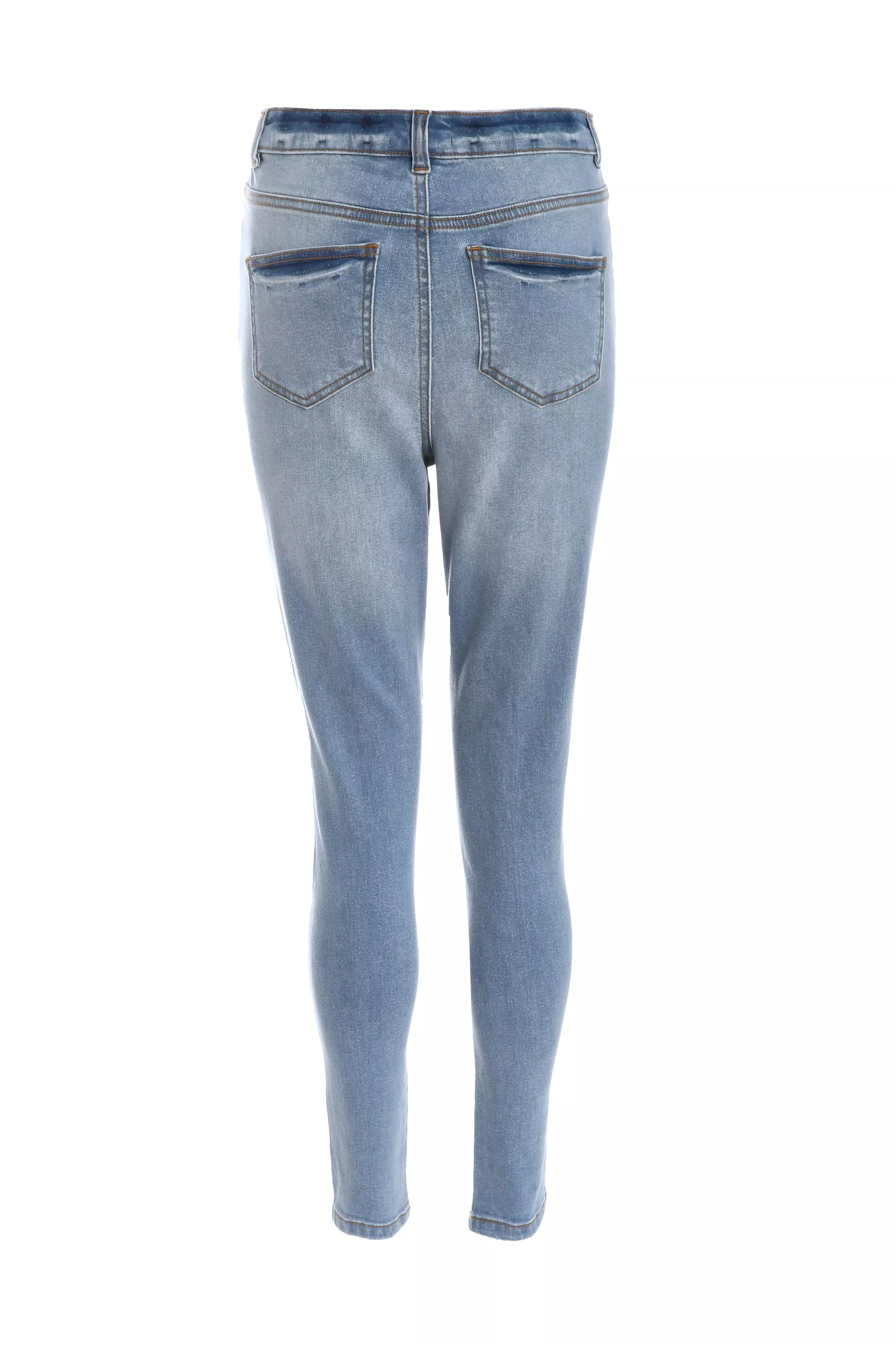 Blue Denim Diamante Ripped Skinny Jeans