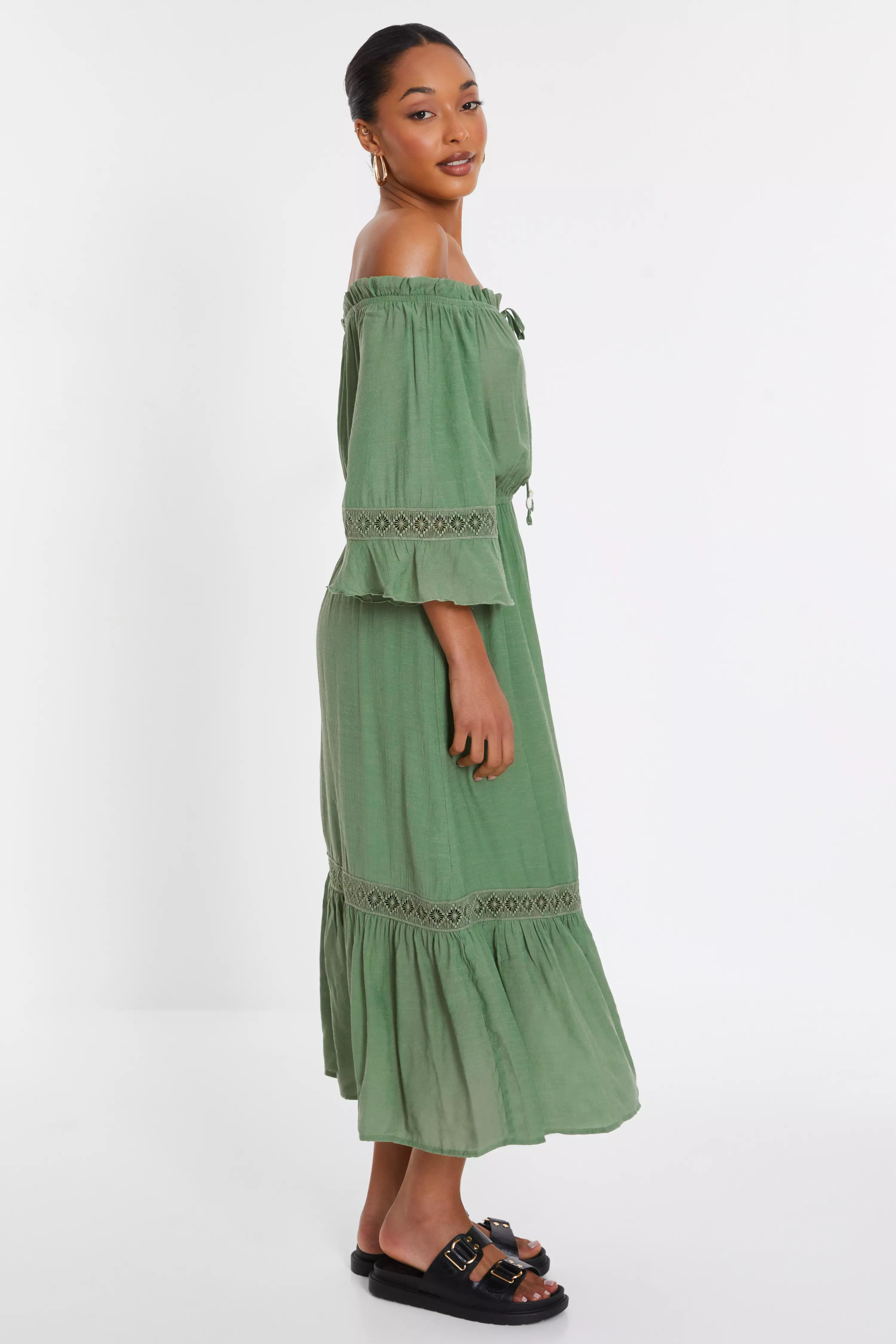 Khaki Bardot Crochet Midaxi Dress
