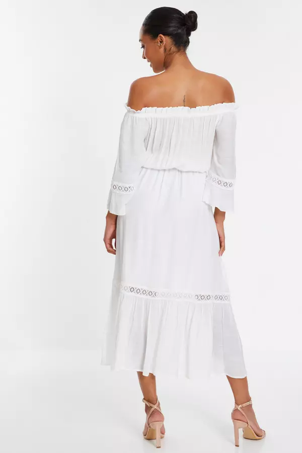 White Bardot Crochet Maxi Dress