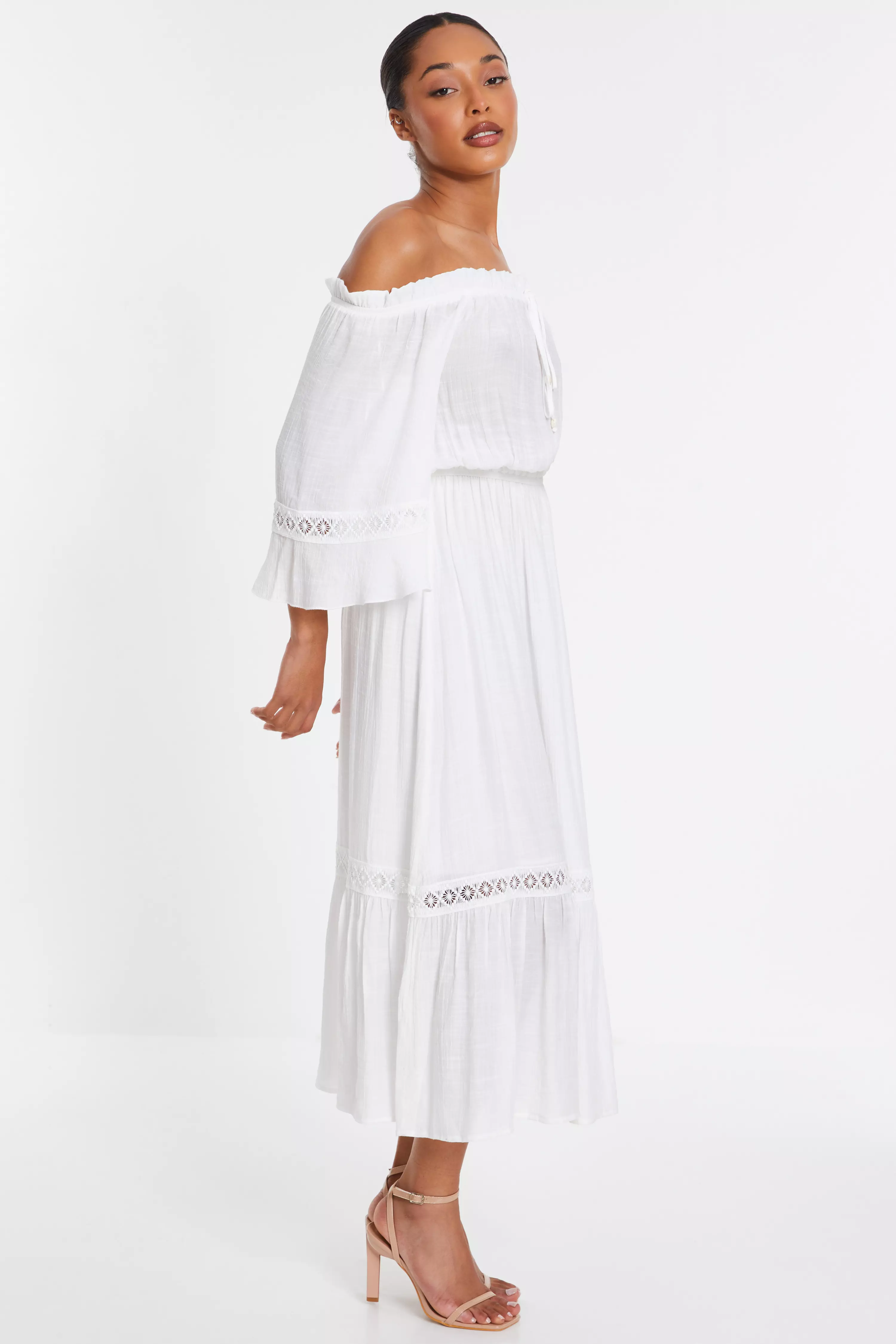 White Bardot Crochet Midaxi Dress