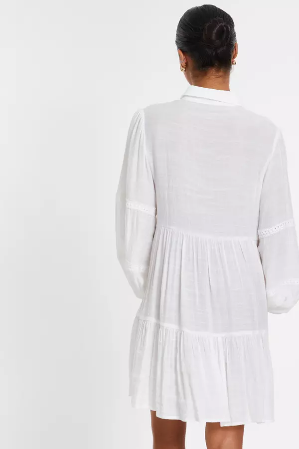 White Crochet Mini Shirt Dress