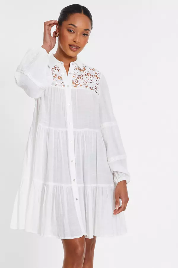 White Crochet Mini Shirt Dress