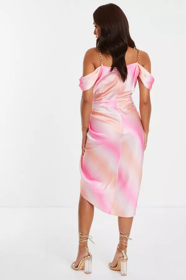 Petite Pink Ombre Satin Cold Shoulder Dress