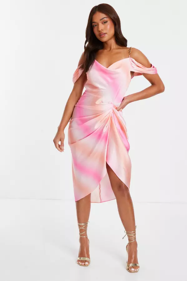 Petite Pink Ombre Satin Cold Shoulder Dress