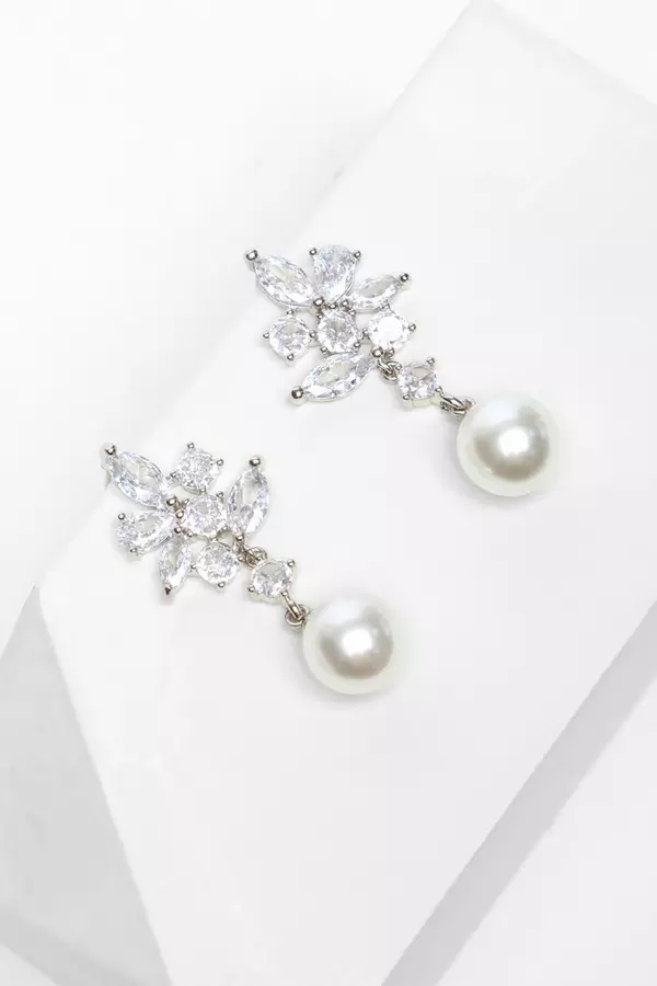 Bridal Silver Pearl Drop Diamante Earrings