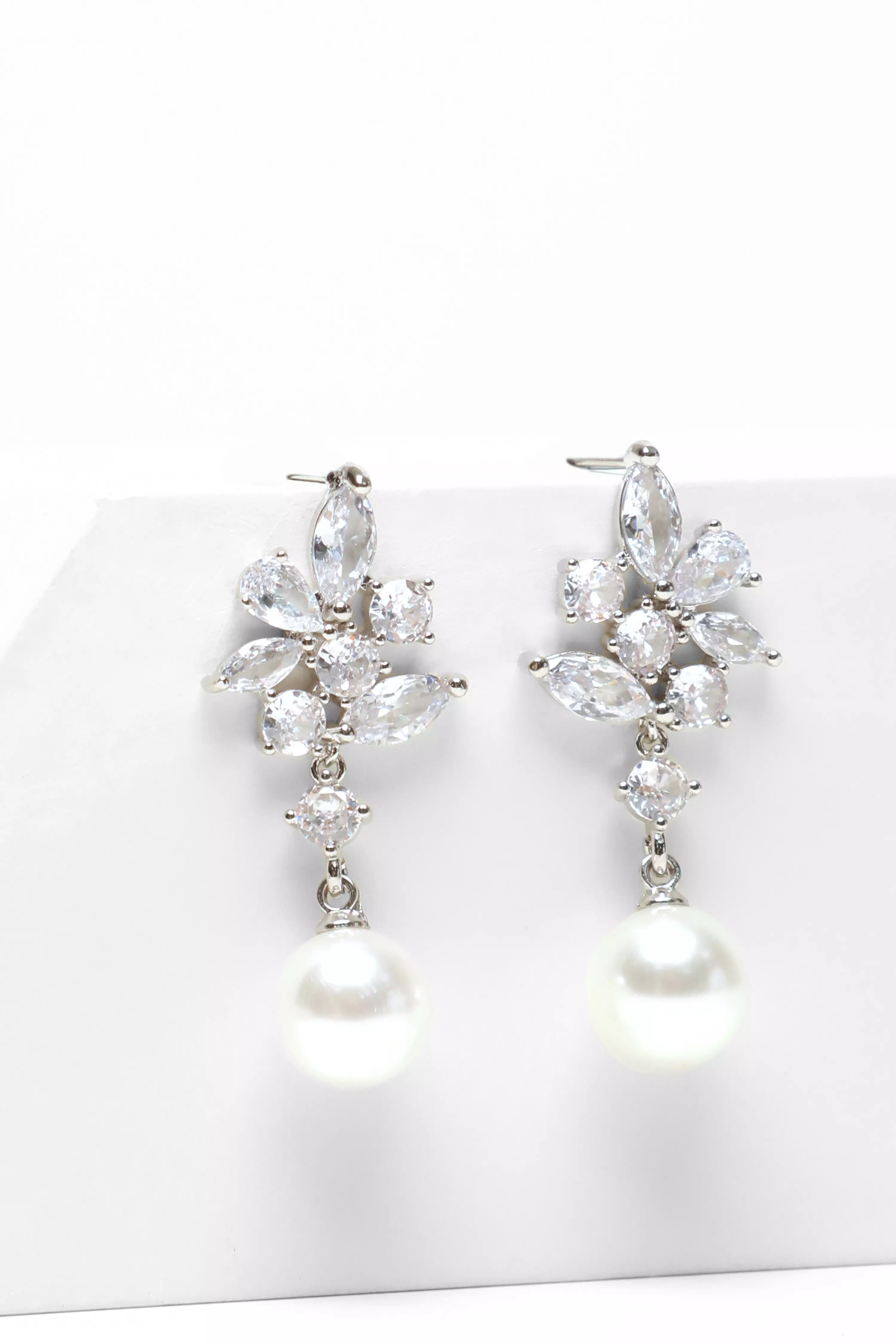 Bridal Silver Pearl Drop Diamante Earrings