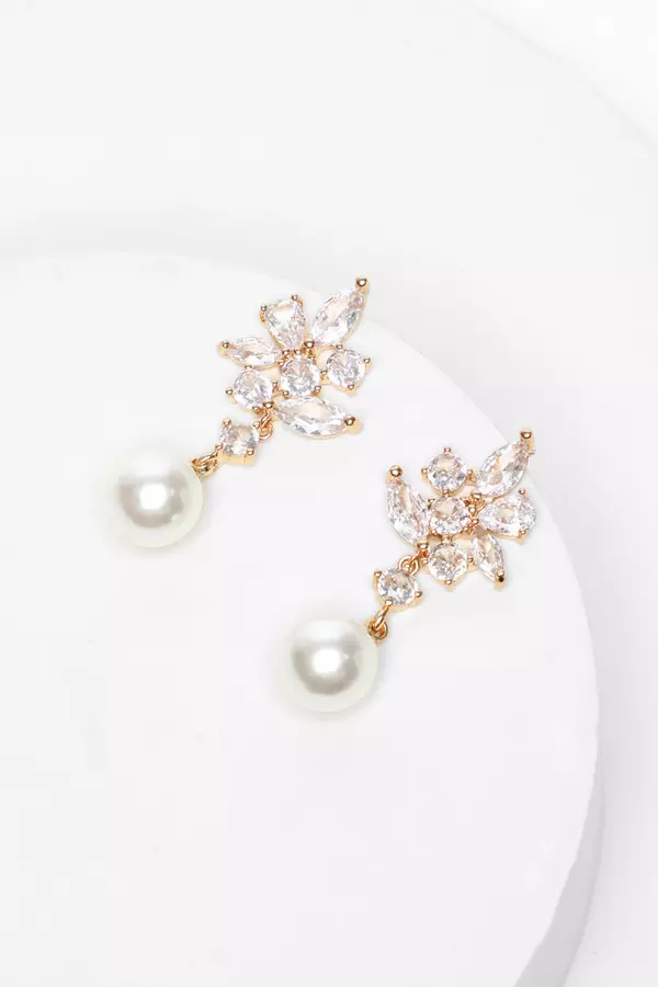 Bridal Gold Pearl Drop Diamante Earrings
